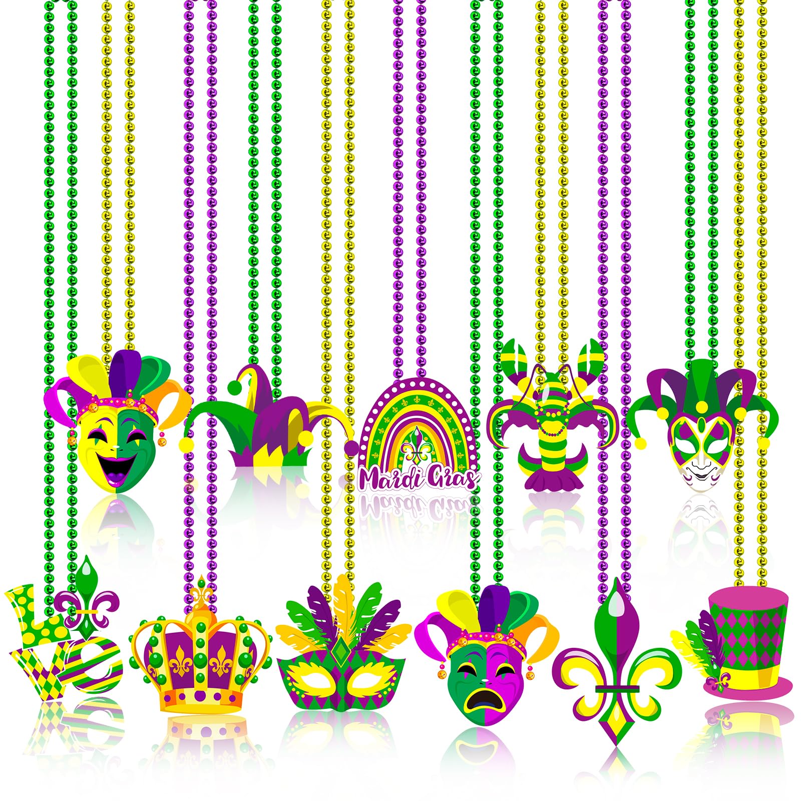 12Pack Mardi Gras Bead Necklaces Colorful Beads Bulk for Adult Women New Year Eve Venetian Carnival Party Supplies(12 Pack), Large, No Gemstone