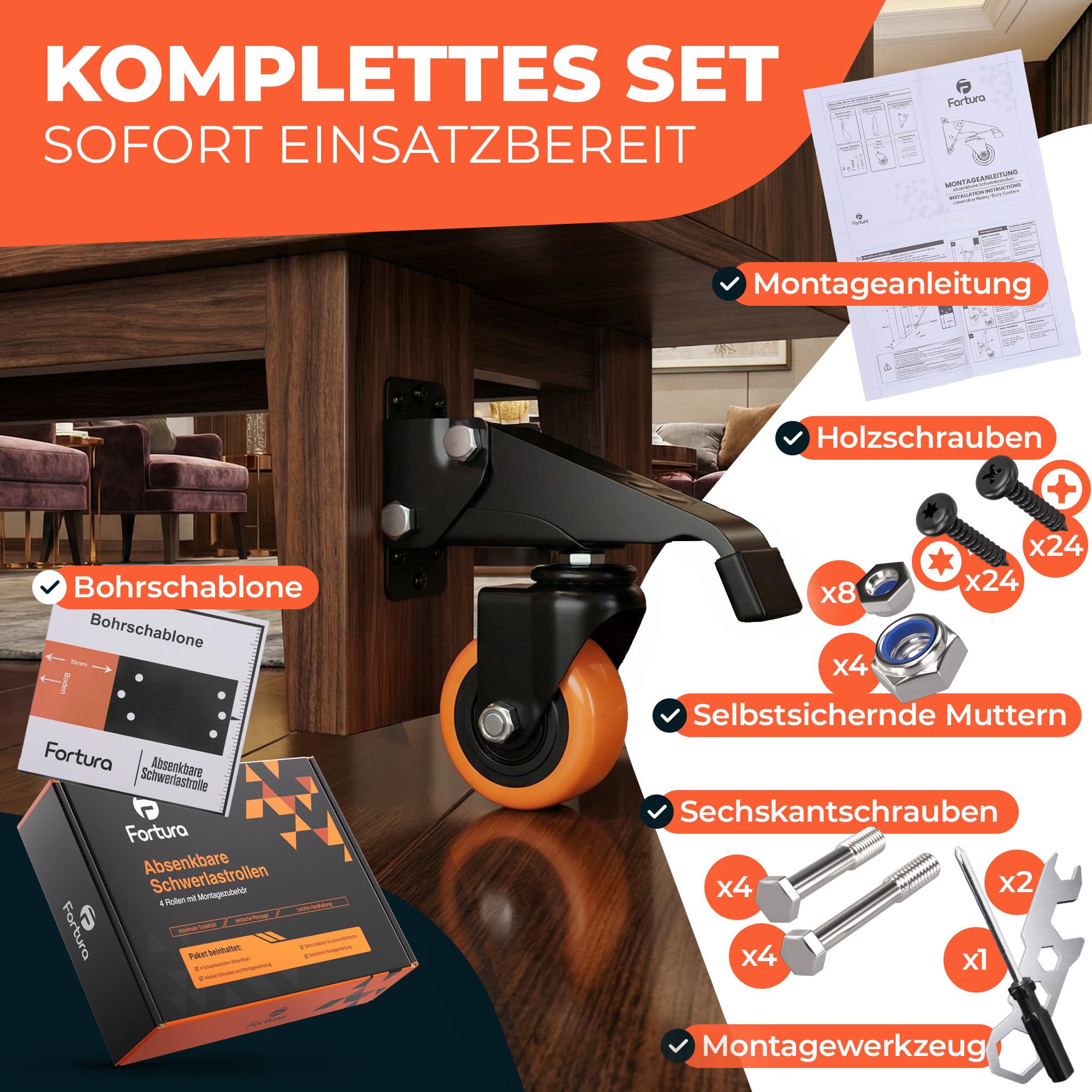 Fortura® schwerlastrollen absenkbar 350kg Tragkraft/Heberollen mit TPR-Rädern leise & bodenschonend, Möbelrollen Schwerlast, fahrbare Werkbank Rollen Set inkl. Zubehör