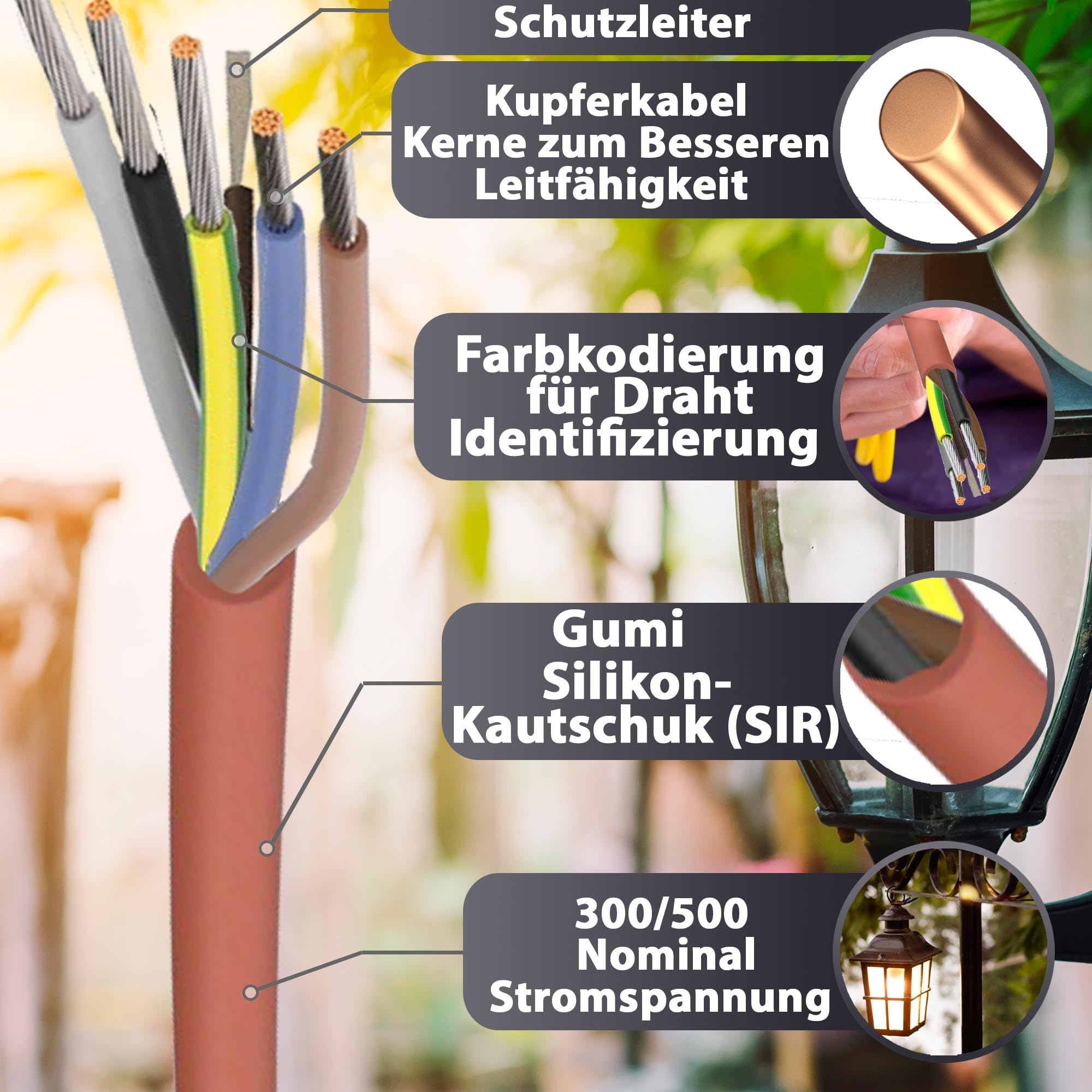 5 meter (m) siliconen kabel 5 x 1,5 mm² | SiHF-J | hittebestendige en flexibele siliconen kabel | saunakabel | optimaal voor saunakachels | -60 °C tot 180 °C | warmteapparaten, koplampen
