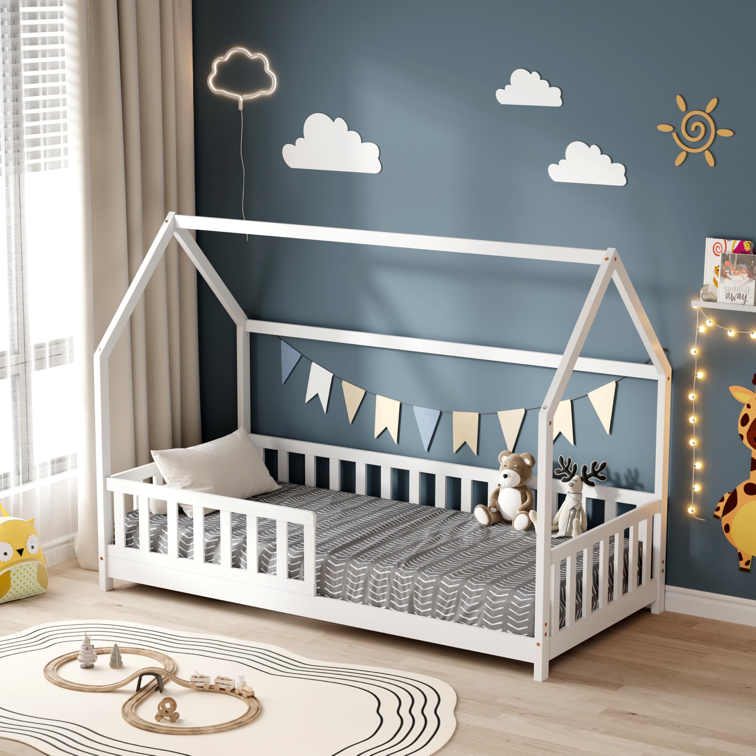 MINEA Lit cabane pour Enfant avec barrière 90x190 cm TCHOUPI Blanc | Matelas non inclus