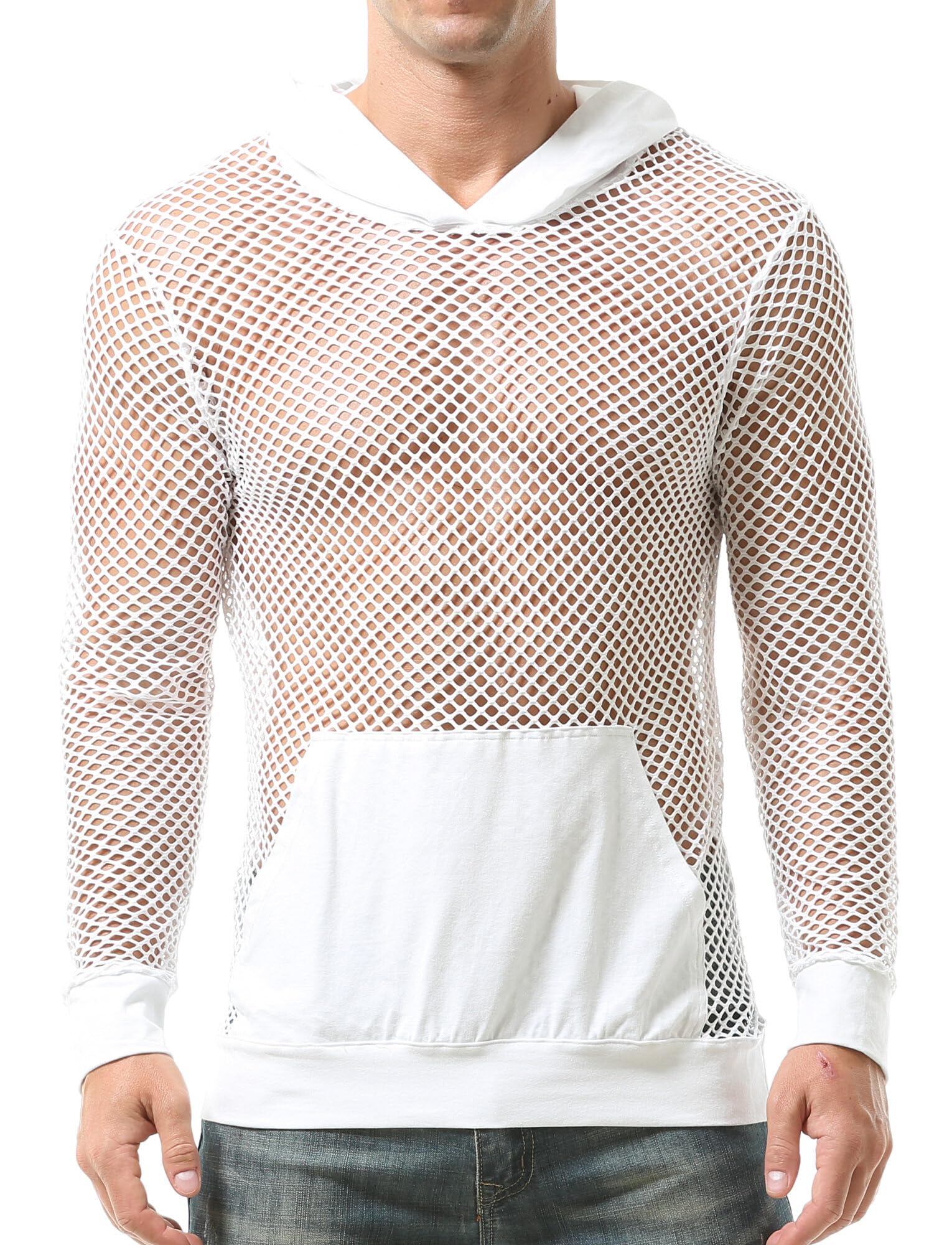 AIEOE Fischnetz Hoodie Herren Transparent Muskel Langarmshirt mit Kapuze Netz Shirts Locker Casual Dünn Sweatshirt Atmungsaktiv Frühling Herbst