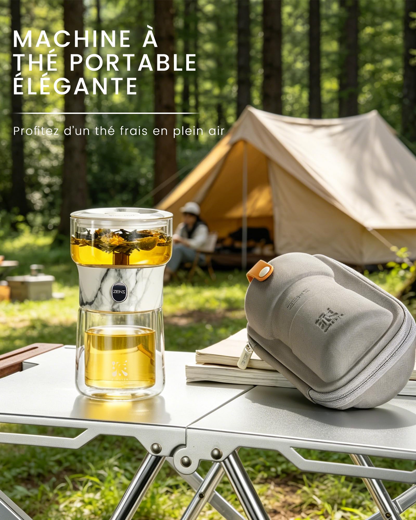 ZENS Teiera con infusore in vetro magico con un tocco | Senza danni. Per tè sfuso. Include tazza termica da 200 ml e borsa da tè portatile. Regalo per gli amanti del tè.