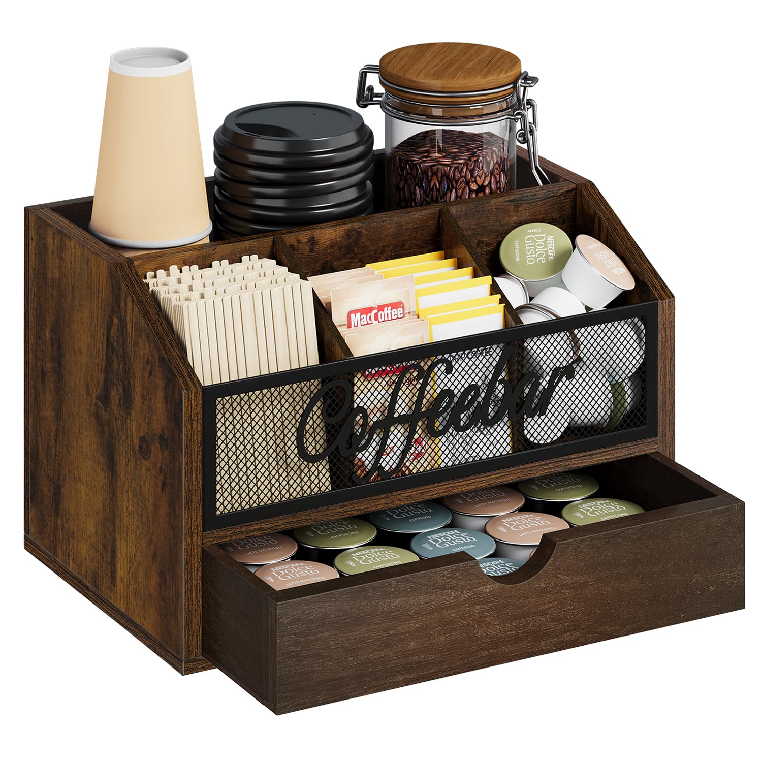YINMIT Coffee Station Organizer with Drawer for Countertop, Wood Coffee Bar Organizer with Removable Dividers for Pods, Syrup, Cups, Stirrer, Tea, Iron Mesh-Vintage Brown, 2 Tier