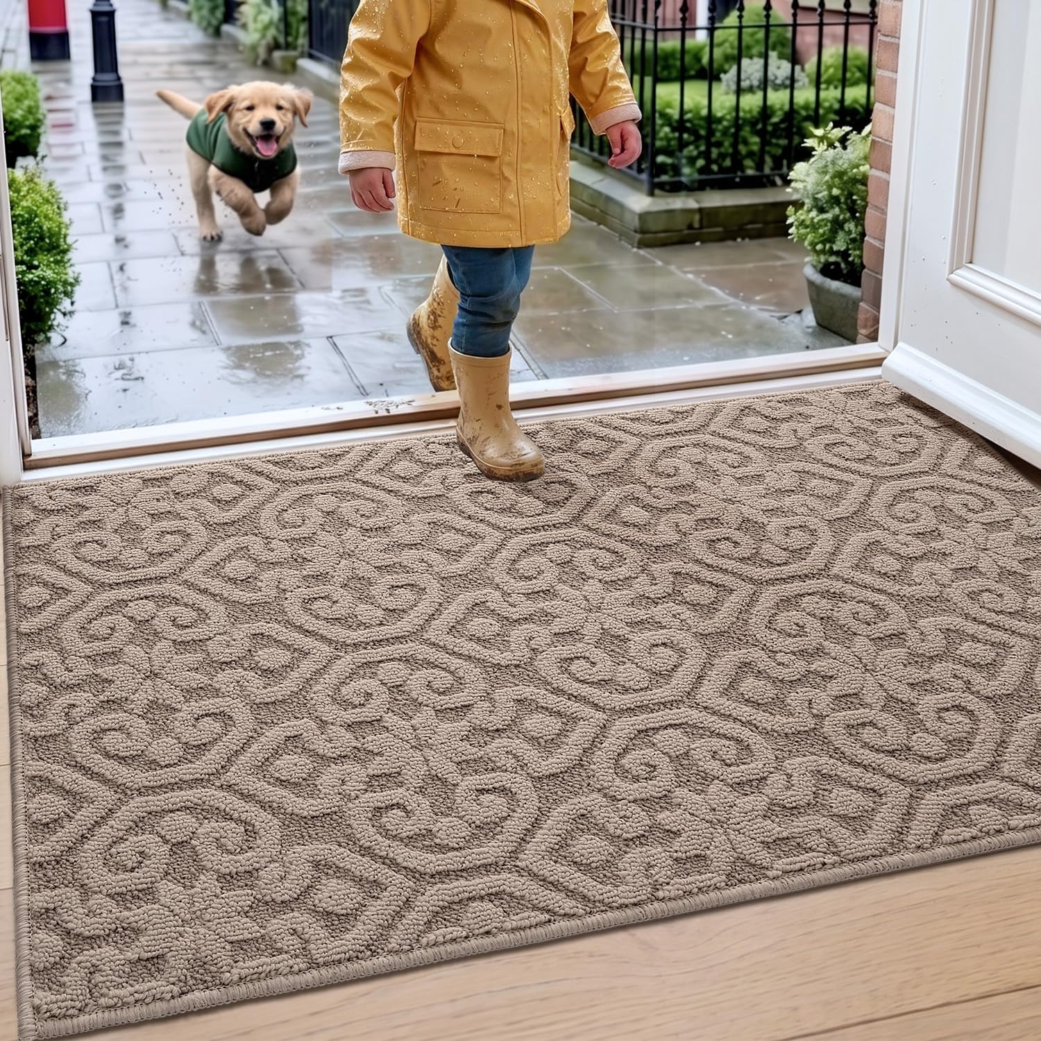 DEXI Felpudo Entrada Casa 60 x 90 cm, Alfombra Entrada Antideslizante, Absorbe Suciedad y Humedad, Felpudos Lavable Duradero para Puerta Interior, Perro, Beige