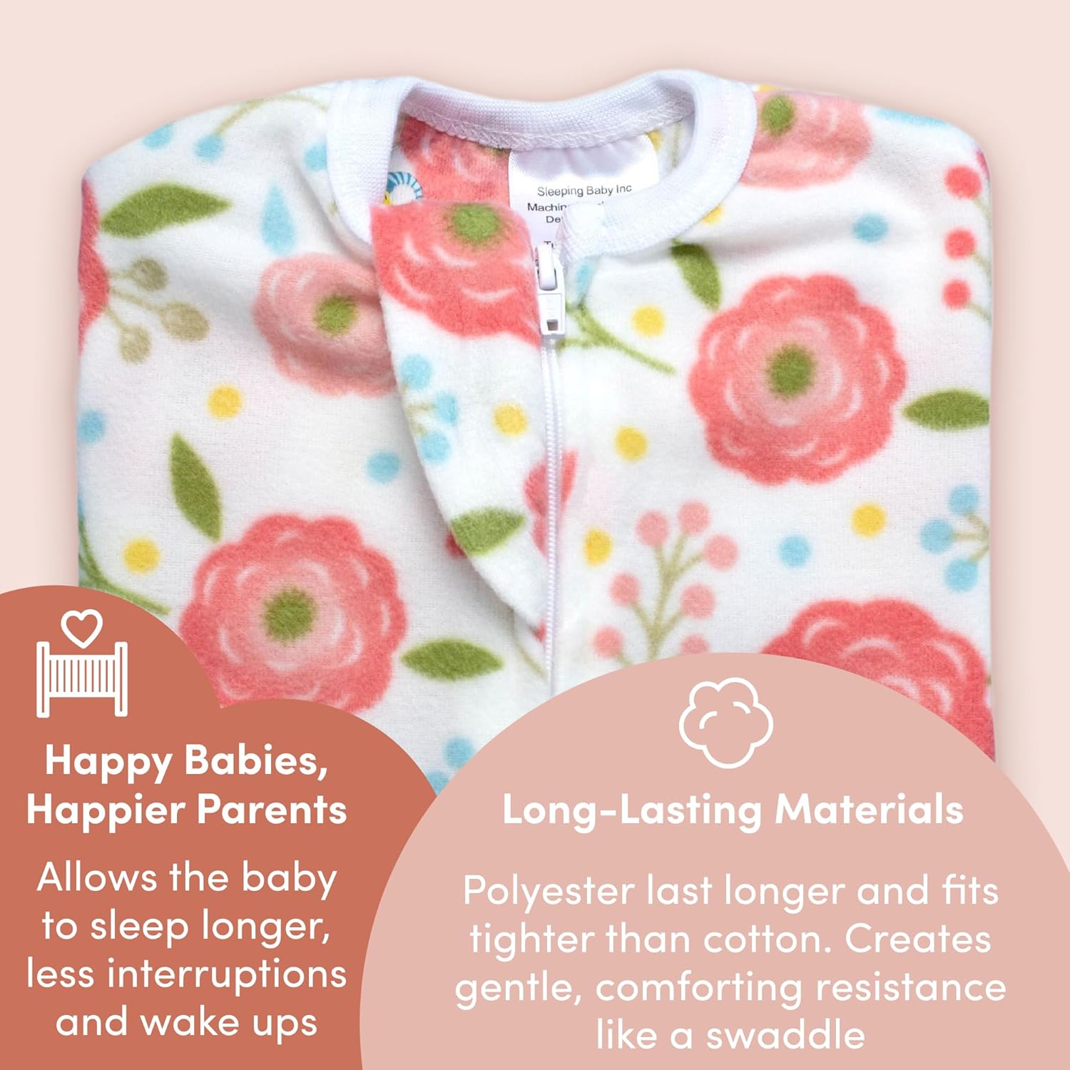 SleepingBaby Zipadee-Zip Transition Swaddle - Warm Fleece Baby Swaddle Blanket with Zipper Convenience - Pretty Poppy, Small (4-8 Month)