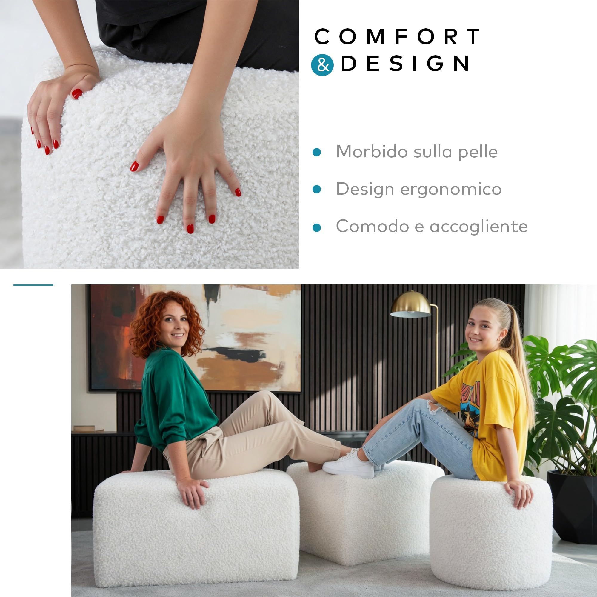 Deshome - Pouf poggiapiedi divano Ø 80 cm tessuto bouclé: Pouf design moderno per divano soggiorno camera da letto Puff poggiapiedi Pouffe salotto Iside Verde oliva