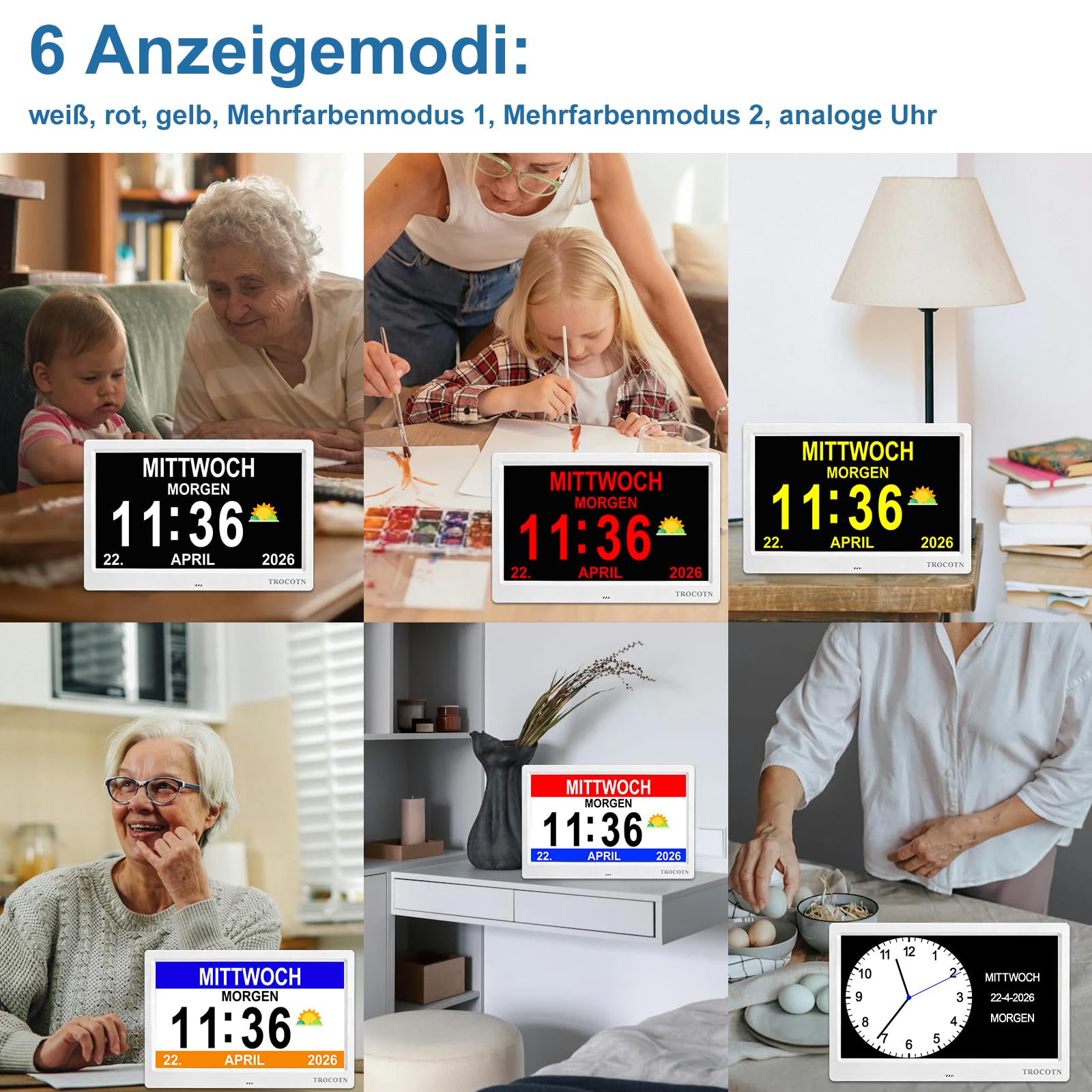 TROCOTN Demenz Uhr senioren, digitaler Kalender, seniorenuhr, großes Display Wecker Wanduhr (Weiß, 10 Zoll)