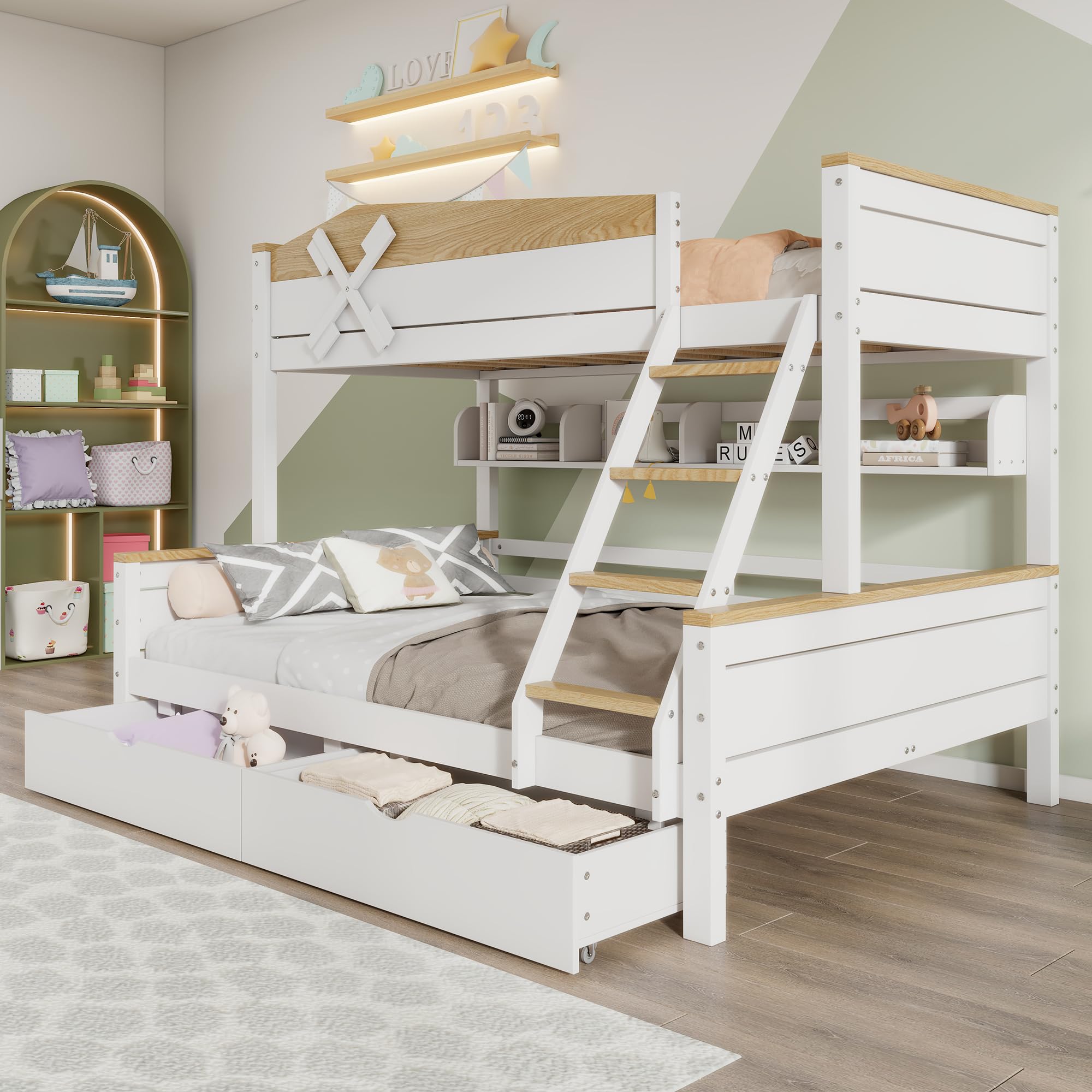 Rtopsu Kinderbett Etagenbett 90x200 cm & 140x200 cm mit Stauraum und Leiter,Hochbett mit Windmühle Hausbett Baumhaus Bett mit Lattenrost aus Holz und Rausfallschutz für 2-3 Kinder Weiß,Ohne Matratze