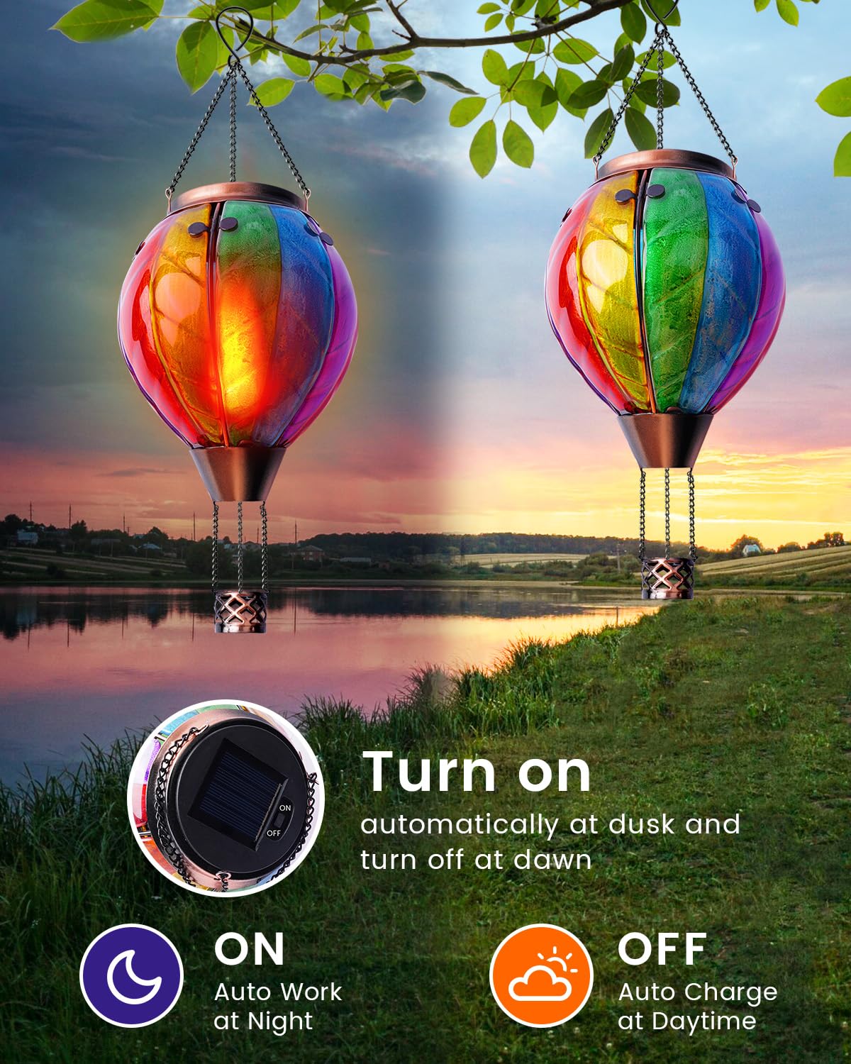 Klarlight Ballon à Air Chaud Lanterne Solaire, Arc-en-Ciel Verre Tache LED Lumières, Imperméable Suspendue Lanterne Solaire avec Lampe de Flamme Clignotant pour Arbre de Cour, en Métal et en Verre