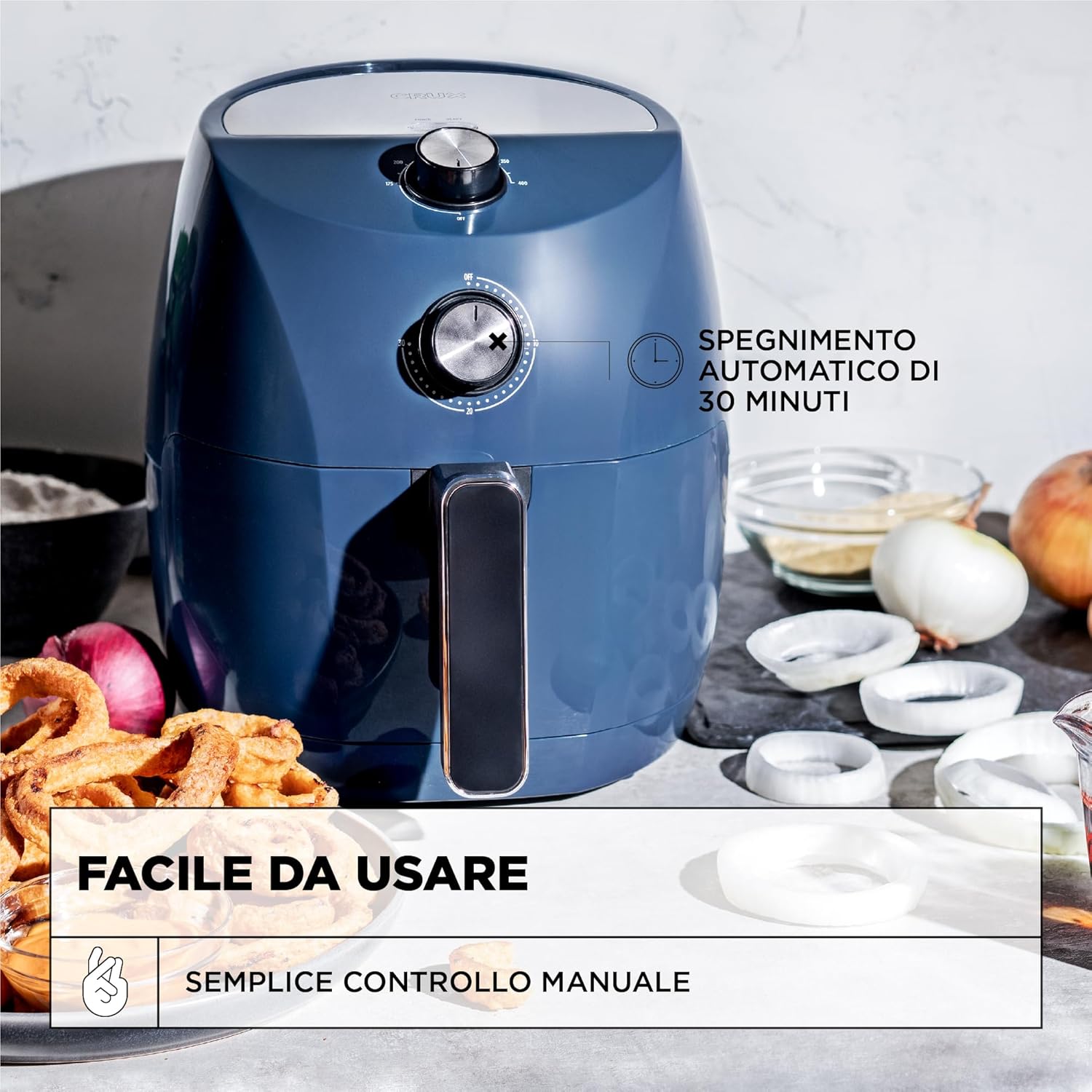 CRUX Friggitrice ad aria Manuale da 3,5 L, preriscaldamento più veloce, frittura senza olio, cestello antiaderente e griglia di cottura lavabili in lavastoviglie, acciaio inossidabile, blu CRUX Friggitrice ad aria Manuale da 3,5 L, preriscaldamento più veloce, frittura senza olio, cestello antiaderente e griglia di cottura lavabili in lavastoviglie, acciaio inossidabile, blu