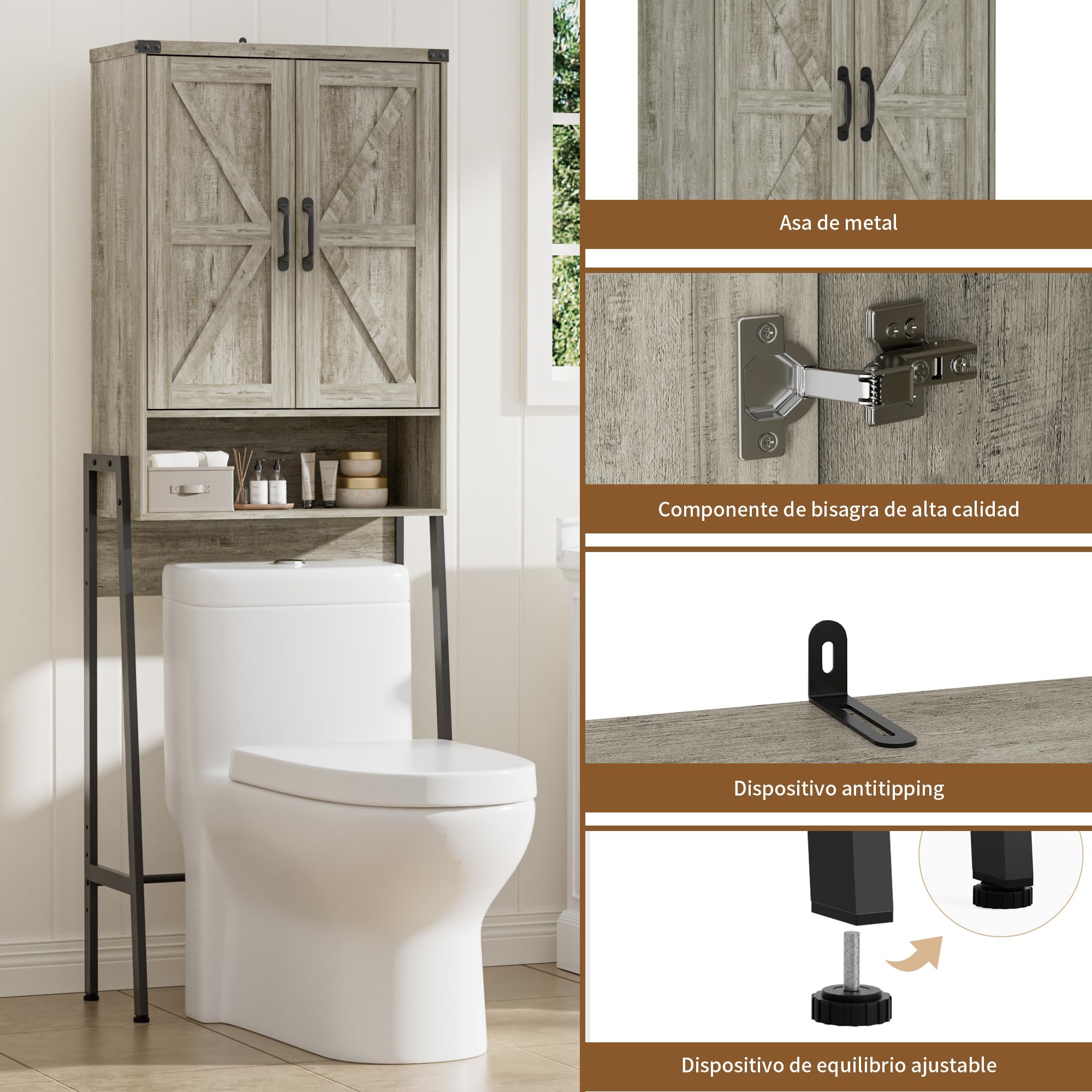 BonVache Estantería para inodoro con puertas, estantería de baño con 6 estantes, estantes para lavadoras pequeñas, armario para baño, 171 x 59,6 x 25,3 cm, gris
