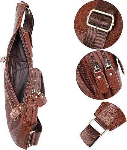 Miniatura 5 de KPYWZER Mochila de cuero vintage para hombre, mochila cruzada al hombro en el pecho
