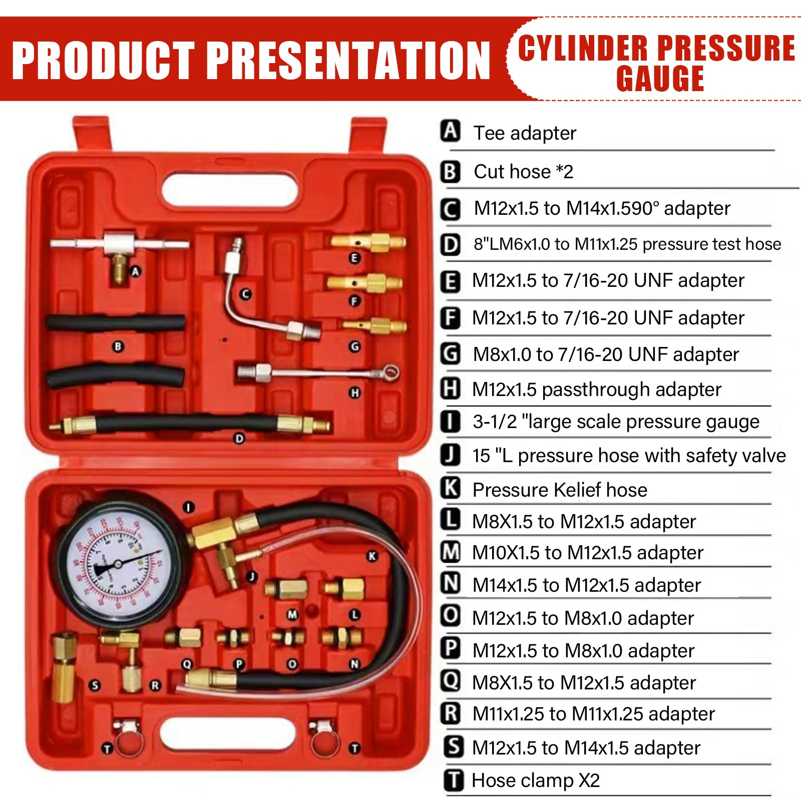0-140 PSI Manometro carburante, kit tester di pressione carburante TU-114 per pompa iniezione, tester di pressione benzina per auto, camion, moto, strumento diagnostico, rilevamento