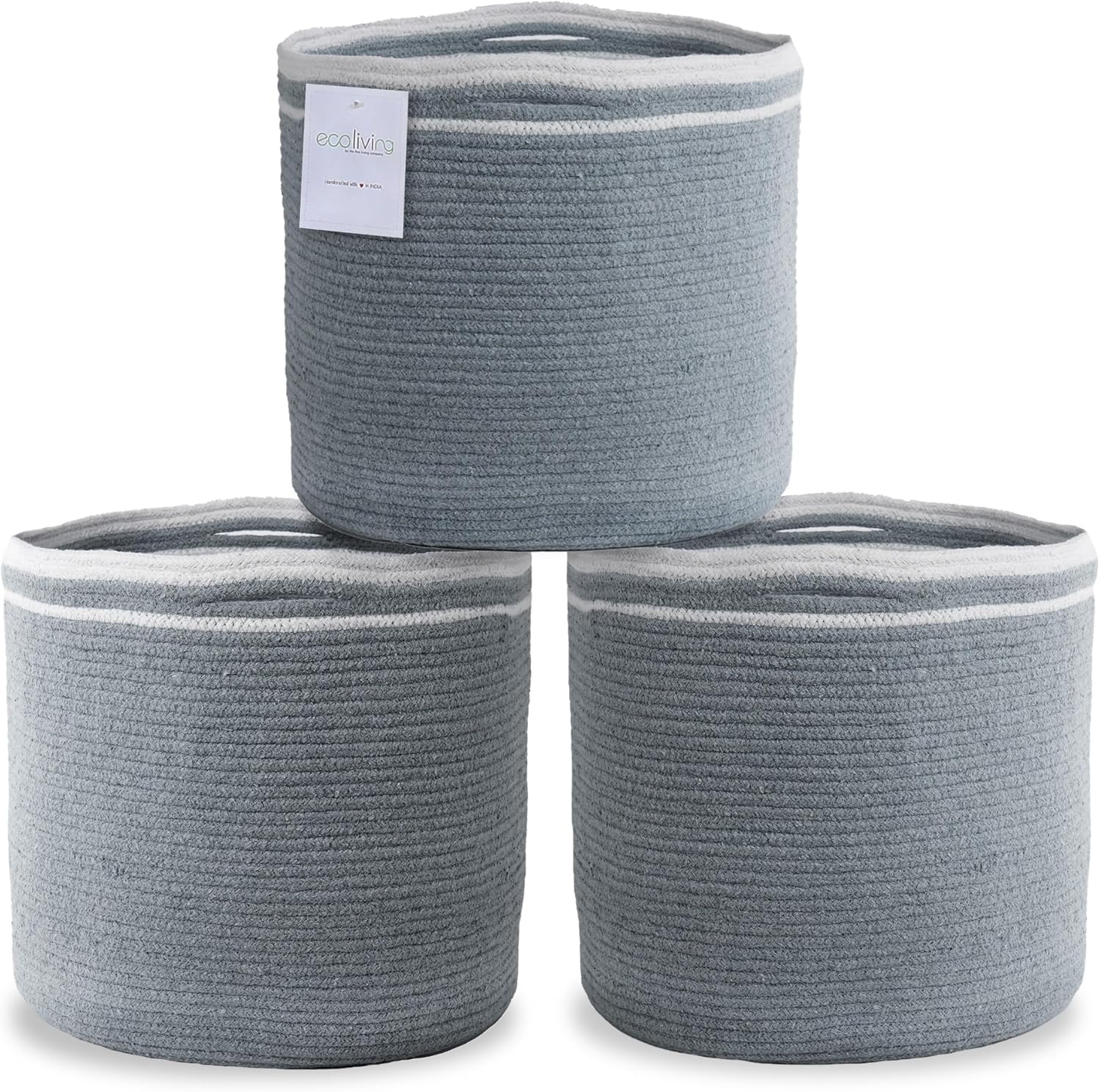 Eco-living Recycled Cotton Rope Storage Cube Basket, Plant Basket Multi-Purpose Woven Cube Storage Organizer/Shelves, Closet Storage Bins, Nursery Kids Room Organizer 11 Inch Set of 3 - Gray