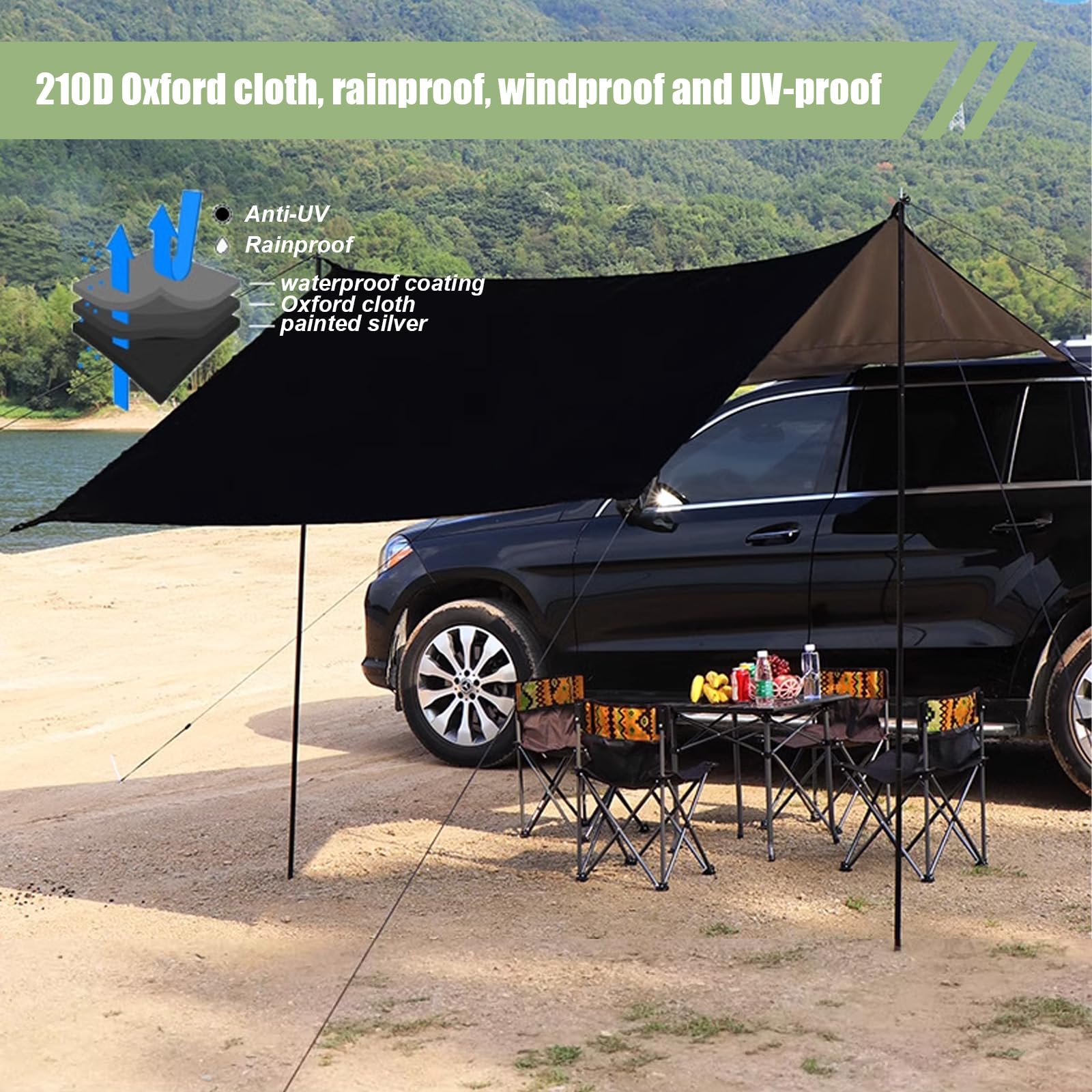 Auvent universel étanche 200-300 cm | Tente de toit et auvent pour voiture, caravane, bus | Protection UV +50, avec barres et passepoil | Camping en plein air, plage et jardin