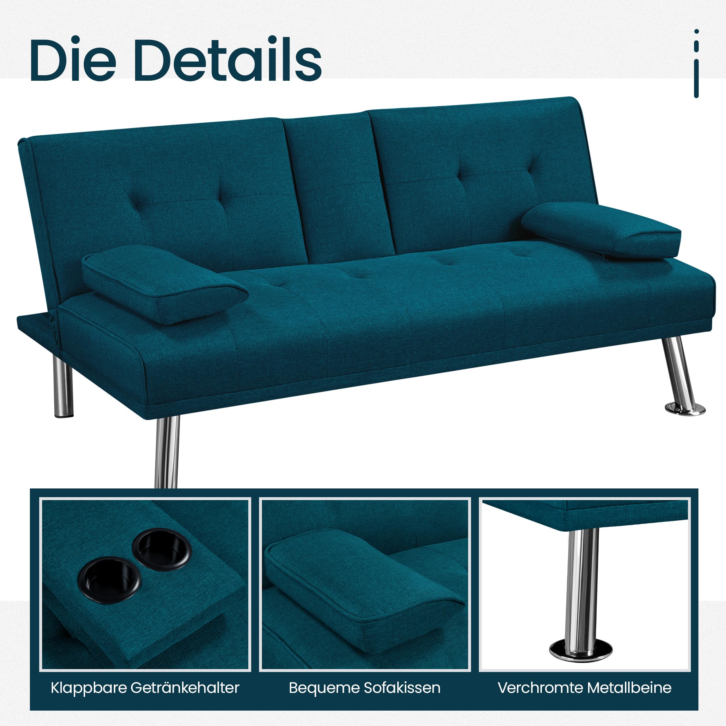Yaheetech Klappbares Schlafsofa Couch Sofa mit Schlaffunktion Bettsofa mit Großer Liegefläche von 167 cm L × 94 cm B fürs Wohnzimmer/Schlafzimmer/Heimkino/Gästezimmer Blau