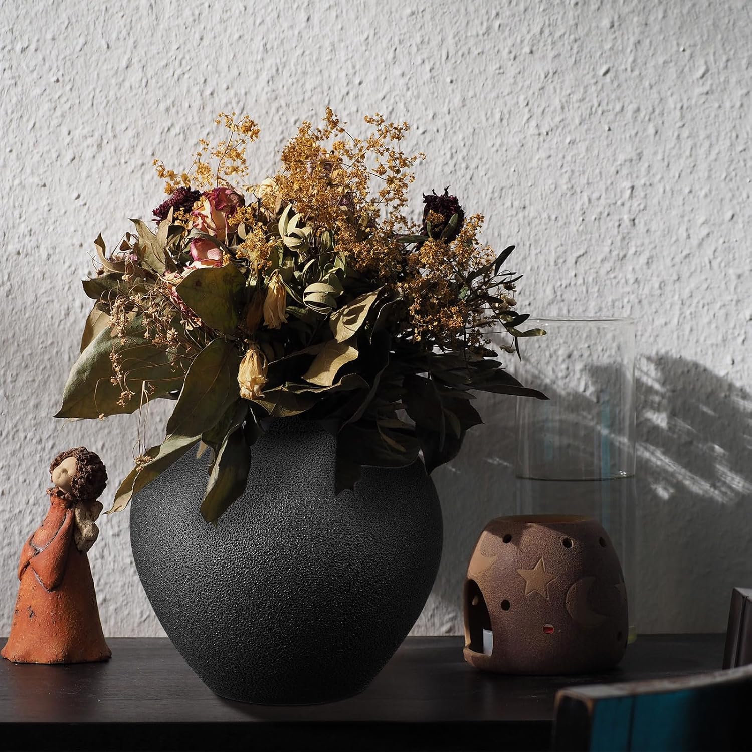 Mimorou Black Ceramic Decorative Flower Vase 8.27" x 8.66" Textured Round Rustic Pottery Vintage Large Vase for Home Decor Centerpieces Living Room Christmas Decoration - Image 5