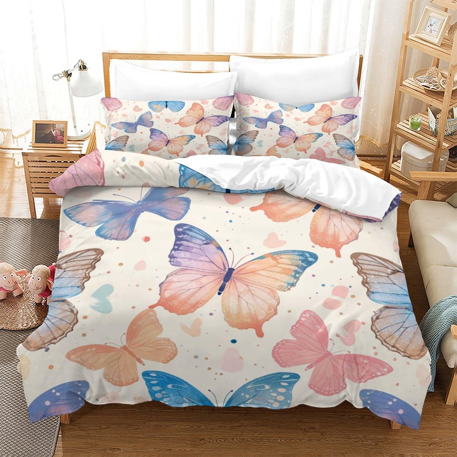 P1S9U7W5Y Pastel Butterfly 3D Printed Duvet Cover Set 3pcs Microfiber Butterfly Design Bedding Set Double（200x200cm）
