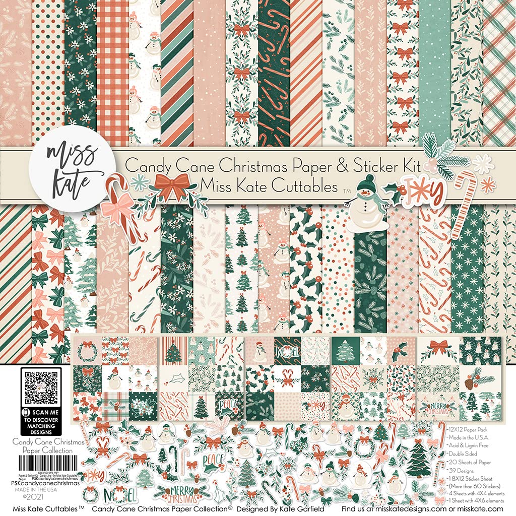 Miss Kate Cuttables Paper & Sticker Kit - Candy Cane Christmas - 20 Double-Sided 12x12 Papers with 39 Designs & 1 8X12 Sticker Sheet - Scrapbooking