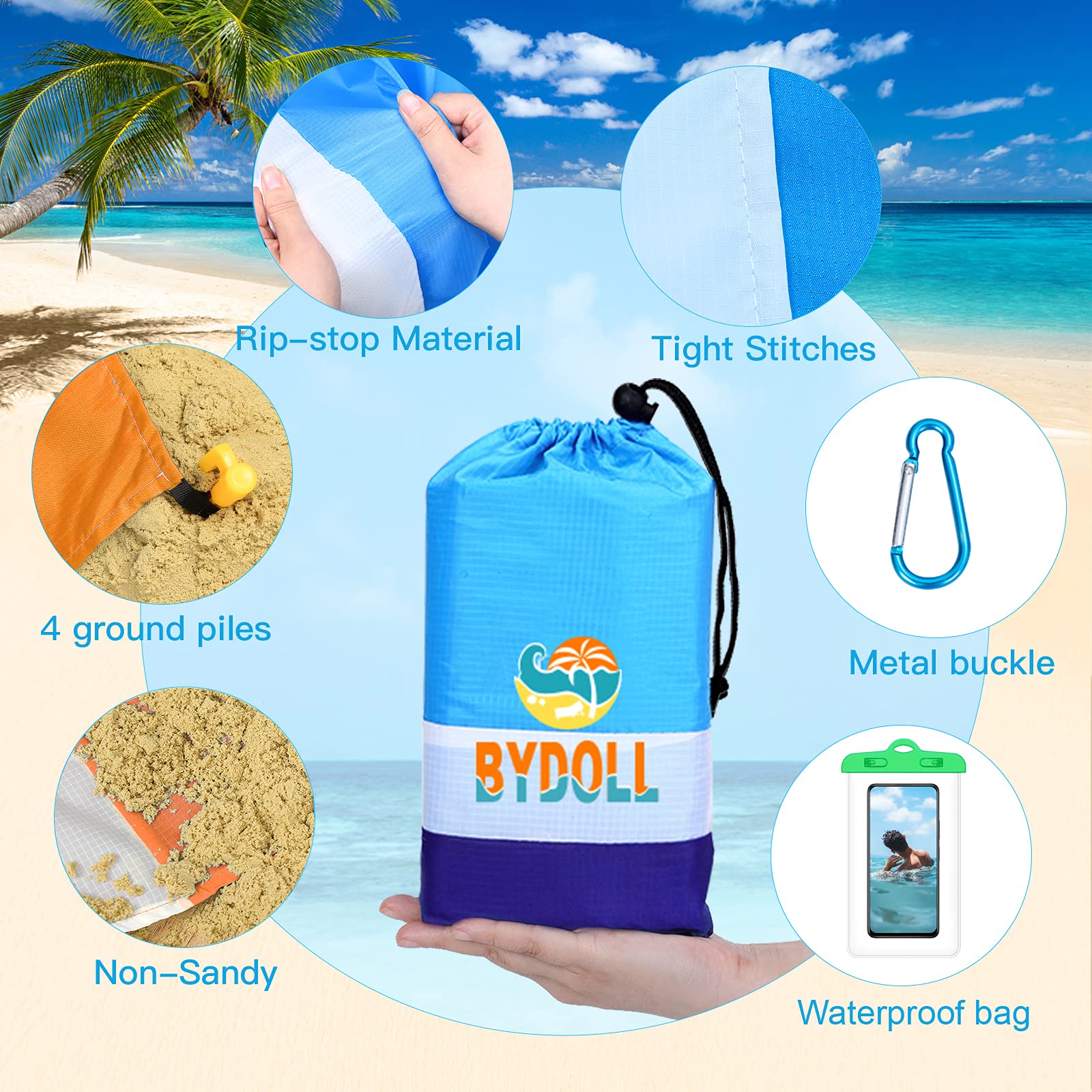 Cobertor Praia Impermeável - 200x205cm - Bolsa Inclusa - Para 1-4 Pessoas - Areia Não Gruda