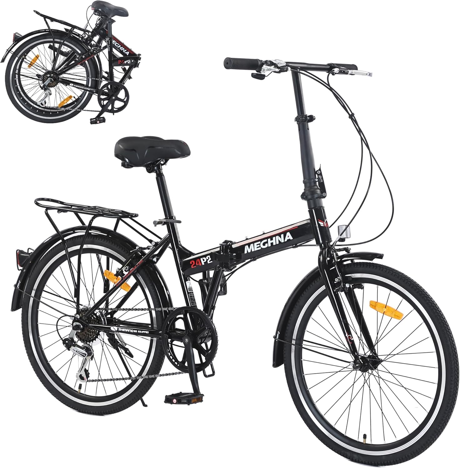 24" Folding City Bikes Steel Frame 7 Speed Folding Bikes,Lightweight Folding Bikes，Folding Commuter Bike for Adults/Men/Student，Bike with Rear Rack，Adjustable Stem