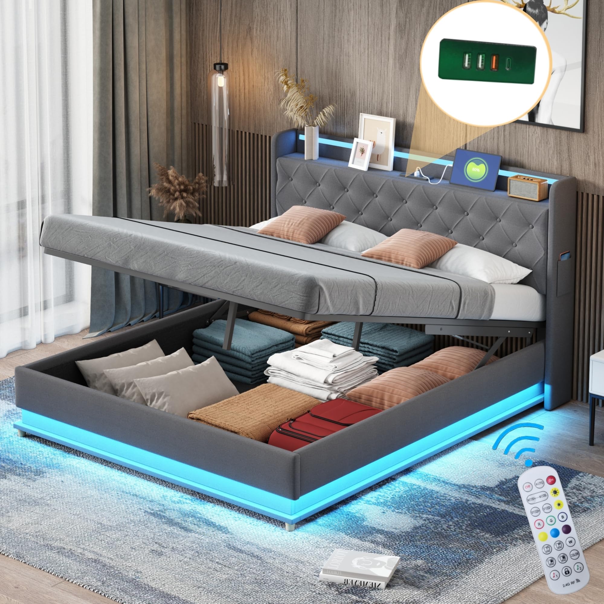Cama Matrimonio 160x200 cm, Cama Tapizada con USB y Iluminación LED, Estructura Cama Doble con Almacenaje Hidráulica, Camas Matrimoniales con Láminas de Metálicas, Lino, Gris, Sin Colchón