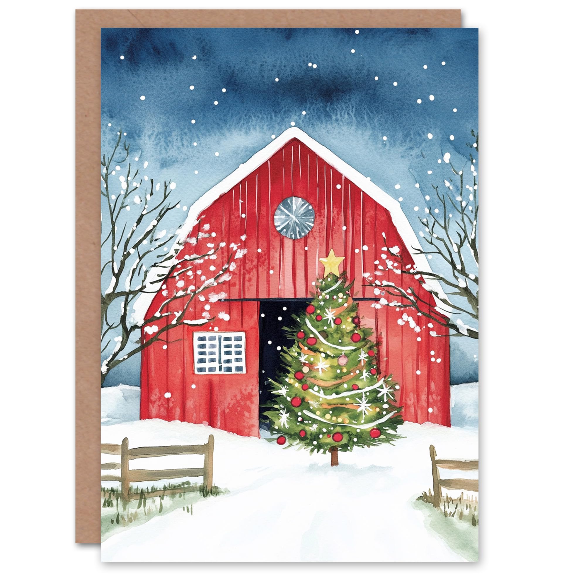 Artery8 Barn Decorated Tree Winter Landscape Blank For Him Or Her Art Xmas Festive Christmas Card