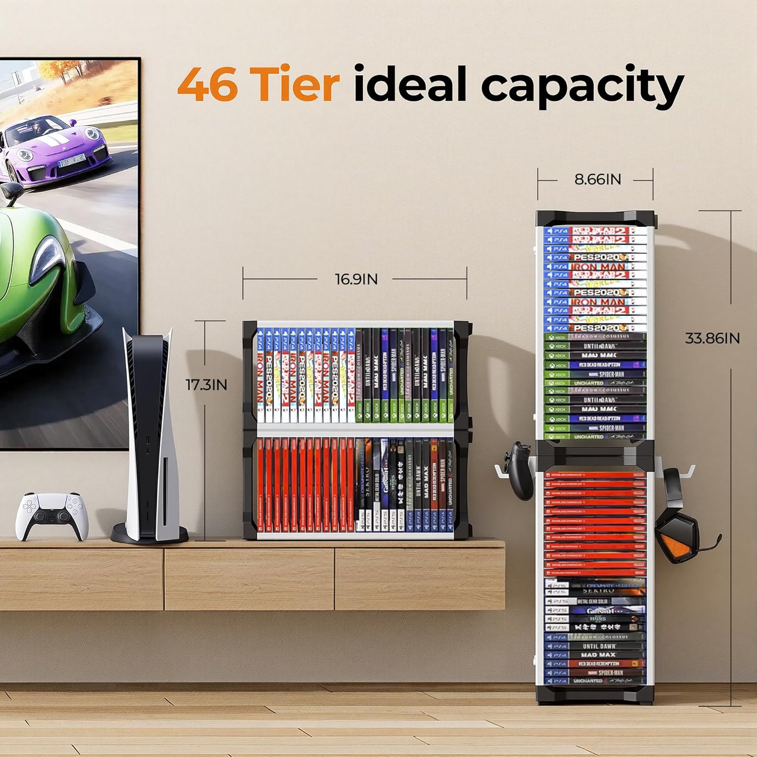 White Video Game Storage Tower 46 PCS - Universal Organizer for PS5 PS4 PS3 PS2 PSP, Xbox Series X/S One 360, Wii Wii U, Switch Switch 2 | Holds Game Cases, Controllers & Headphones