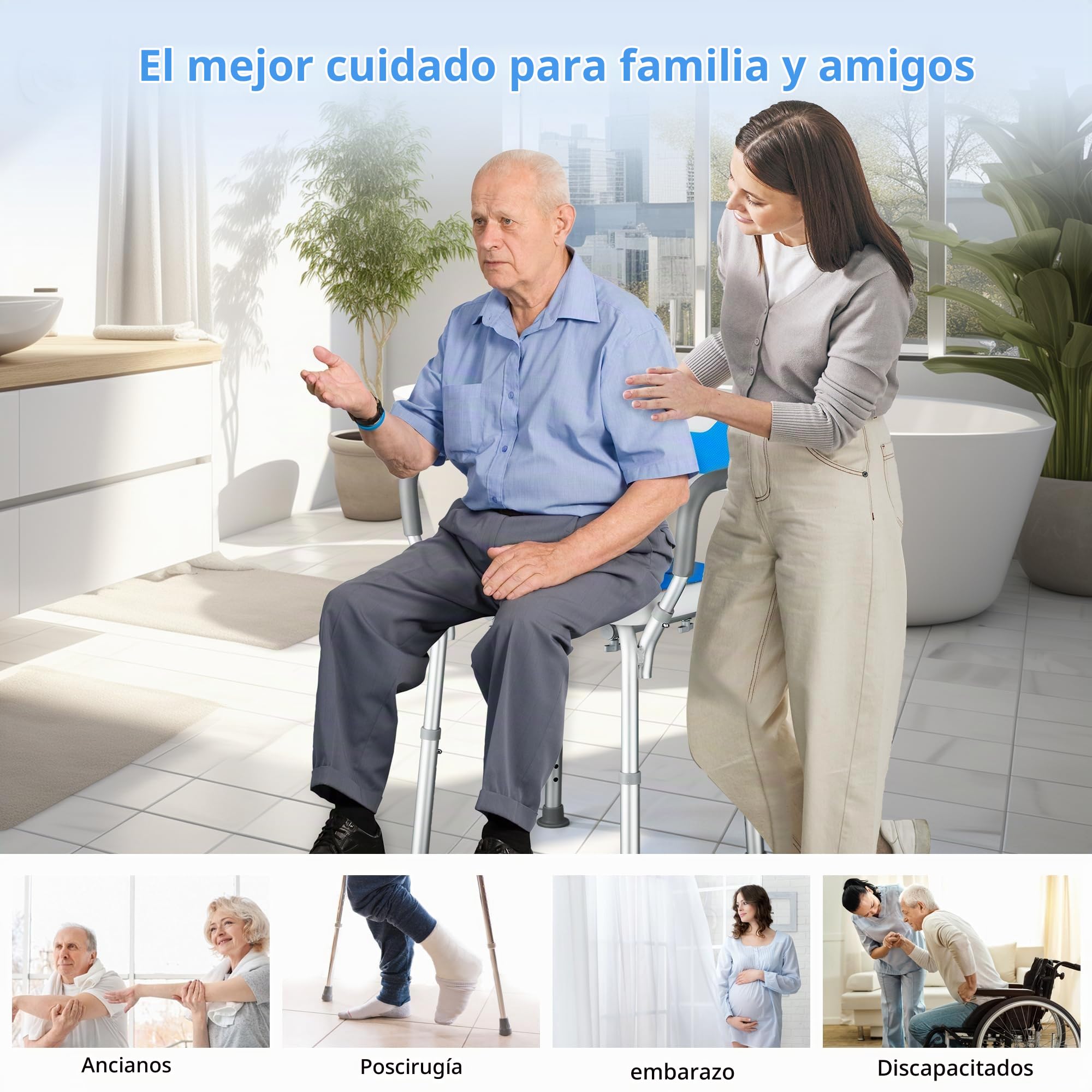 Silla Ducha Personas Mayores con Respaldo y Reposabrazos Taburete de Baño Antideslizante con Altura Ajustable de 6 Niveles Asiento de Ducha Regulable para Ancianos y Discapacitados