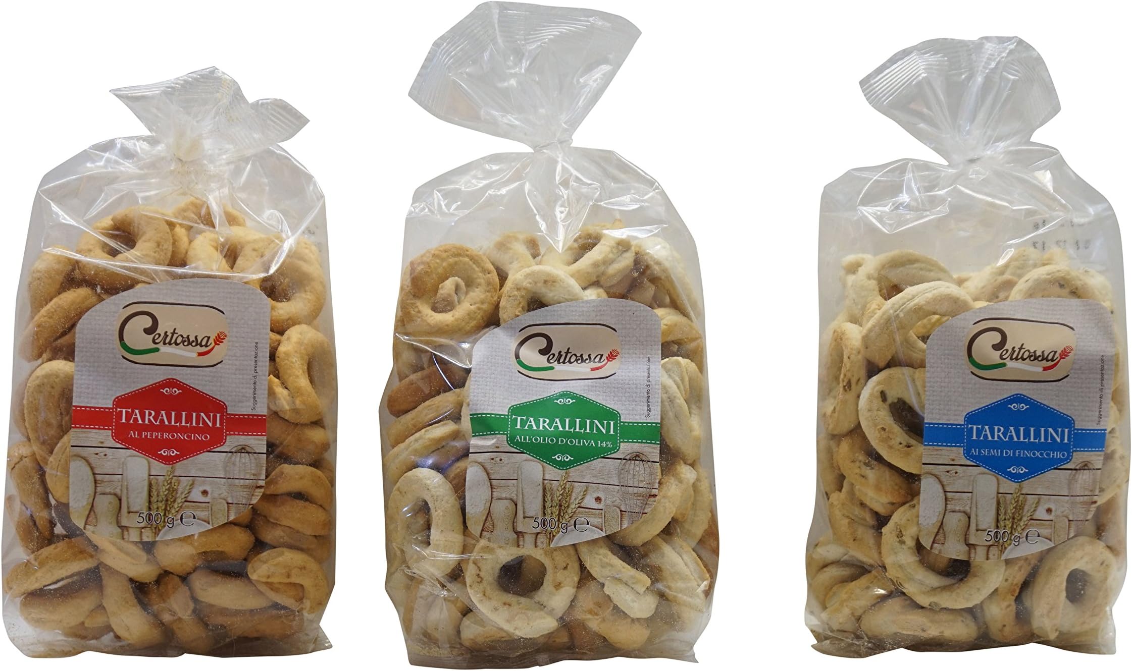 Certossa: Set of 3 "Tarallini" Italian Taralli (with Olive Oil, with Fennel Seed, with Chilli) 17.6 Ounce (500g) Packages (Pack of 1 Each) [ Italian Import ]