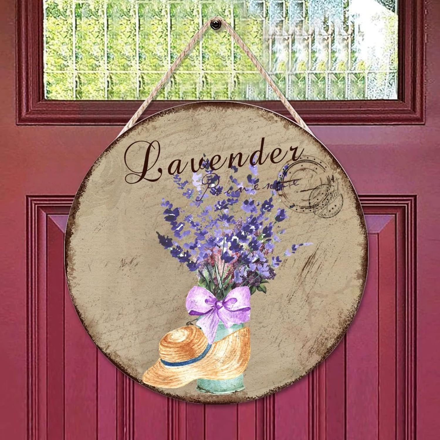 Personalized Pattern Wall Door Hanging Sign, Lavender Wood Door Sign, Custom Calligraphy 16x16in Front Door Round Wood Sign for Front Door Entryway Porch Bar Pub Farewell Party Housewarming Gifts