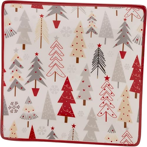 Boston International Plato cuadrado de cerámica para tapas de Navidad, 6.25 x 6.25 pulgadas, árboles festivos