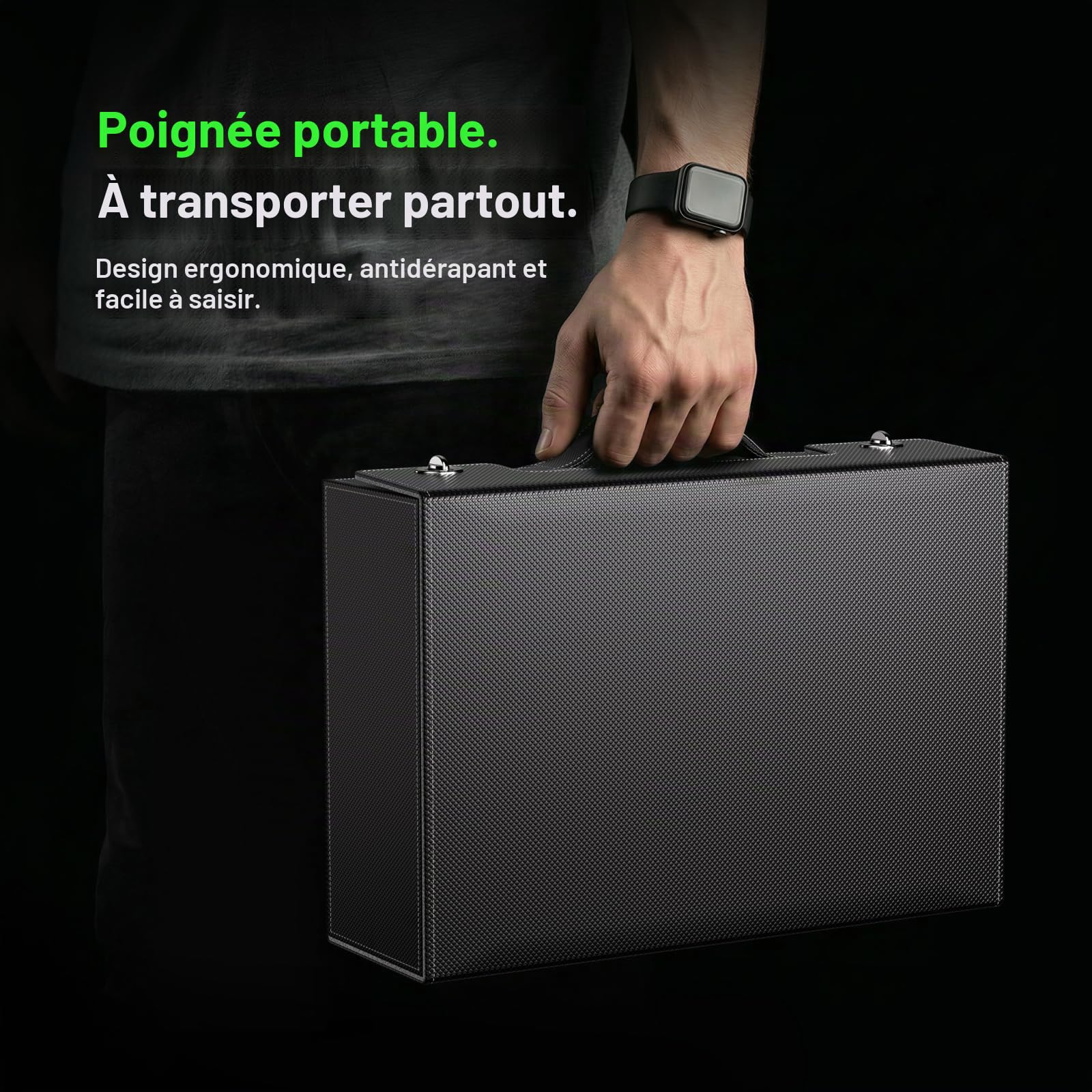 Boîte rangement cartes TCG poignée fermeture mécanique, 5 rangées 3900+ cartes, fenêtre scellée, 48 séparateurs, organiseur Top Loader MTG cartes sportives (Noir, 5 Rangées)