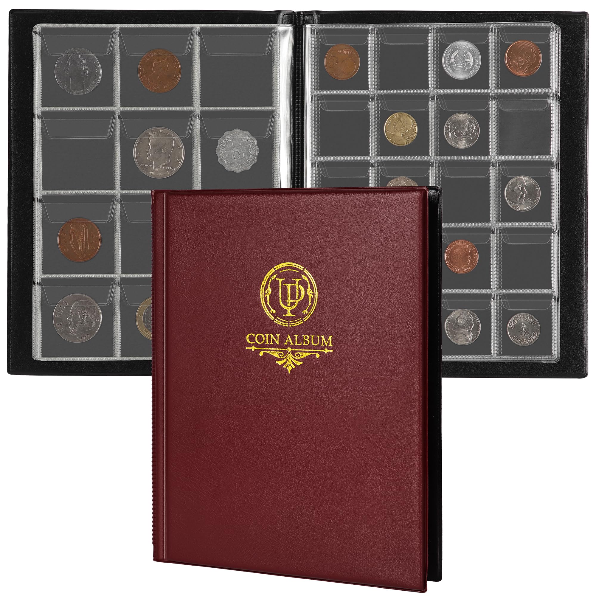 160 Pockets Coin Album - 10 Sheets Mixed Sizes Coin Holder 45x43/33x33 mm Collecting Grid for Pounds Pence Cents (Red) CS48160RE