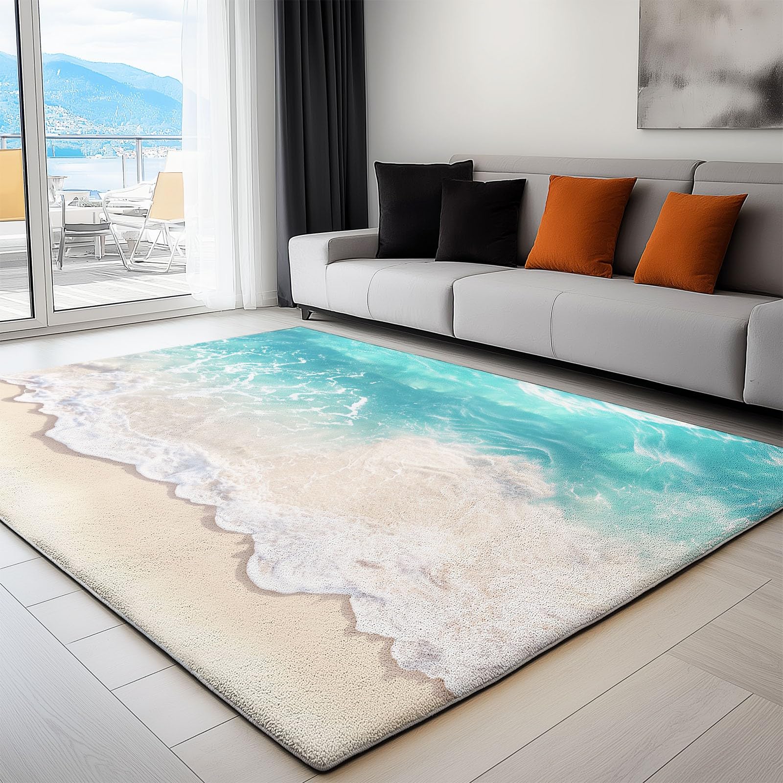 Tapis chambre enfant bleu lagon motif plage et vagues doux sous les pieds