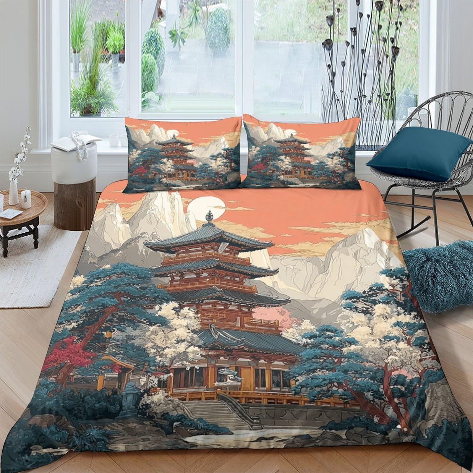 Ctjqhvkz Style-10 3D Printed Japanese Pagoda Fitted Sheet Microfiber Soft Breathable Landscape Bed Cover For Bedroom Guest Room Decor Single（135X200cm）