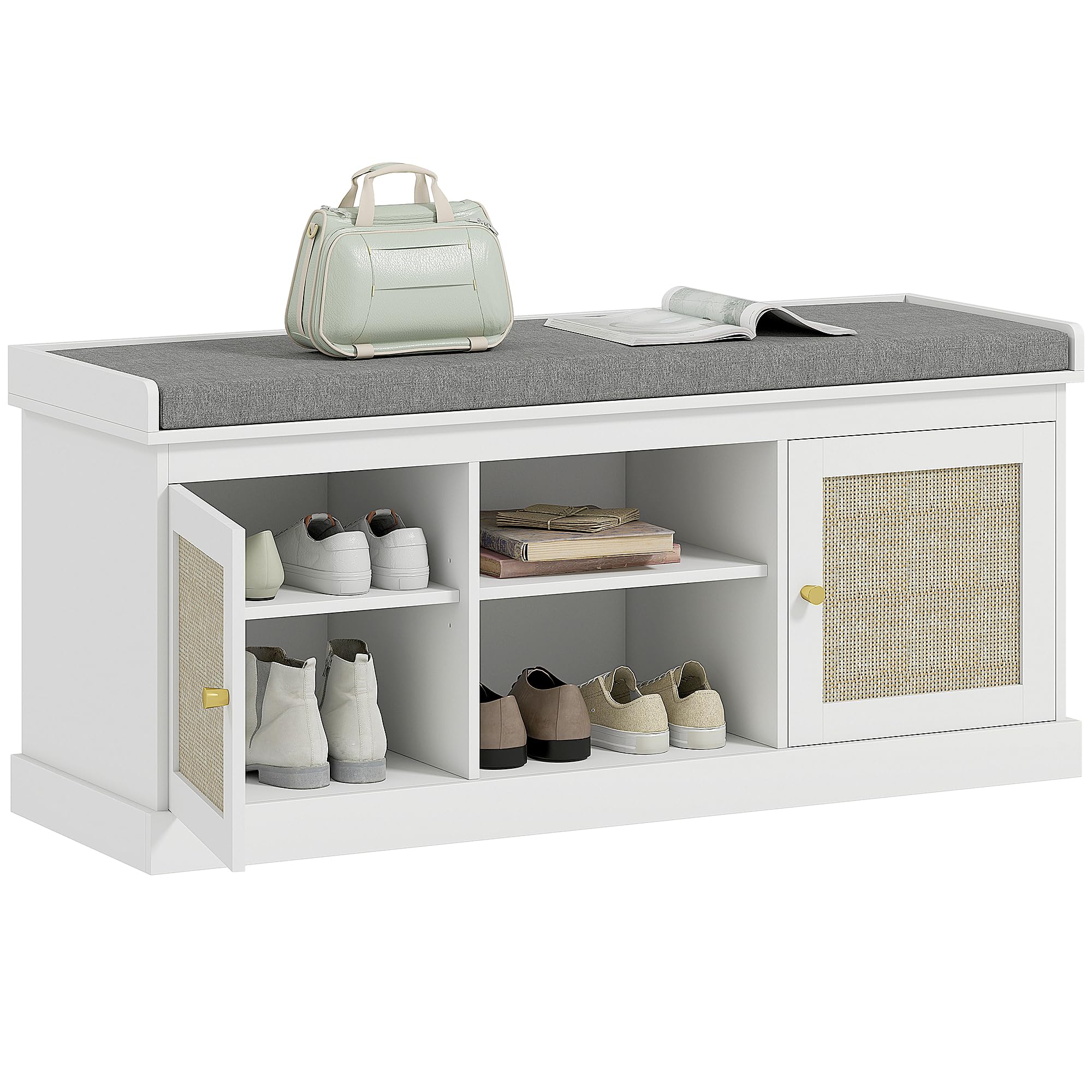 HOMCOM Shoe Bench - Boho Storage Bench with Padded Cushion - White