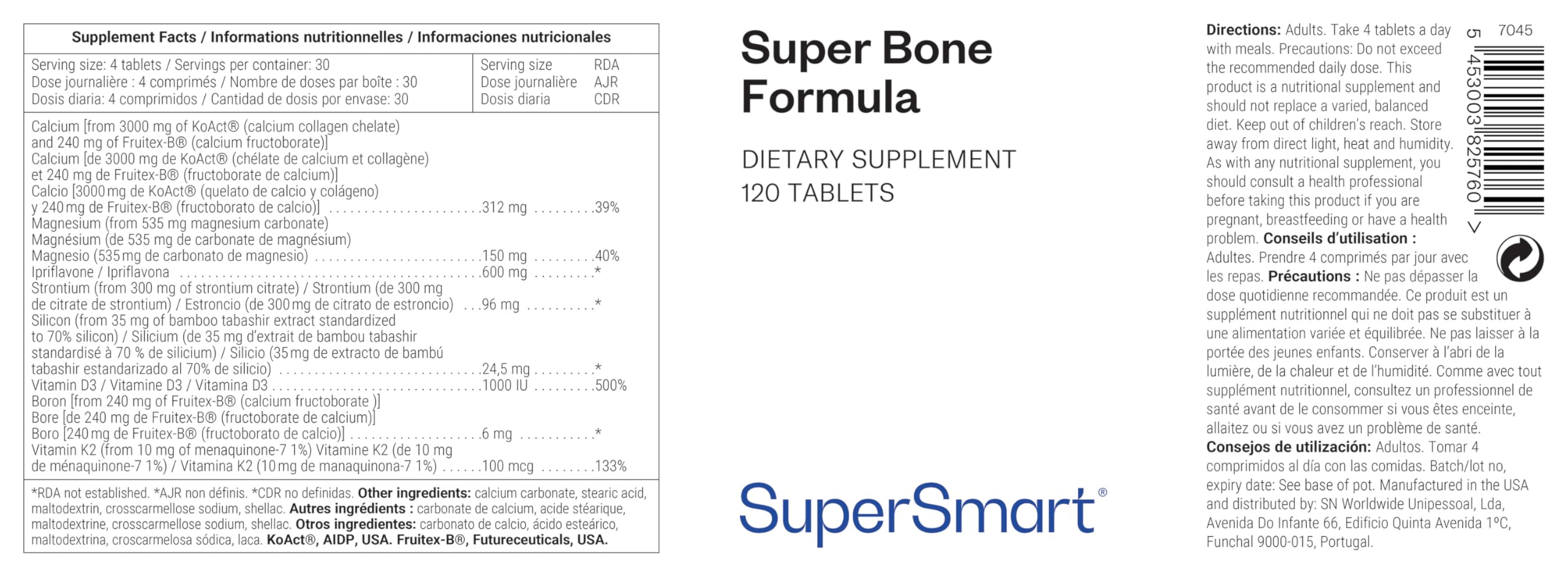 Super Bone Formula - Trägt zu gesunden Knochen bei - Unterstützt gesunde Gelenke - Reich an Kalzium, Zink, Magnesium und den Vitaminen D3, K2 - Glutenfrei - SuperSmart