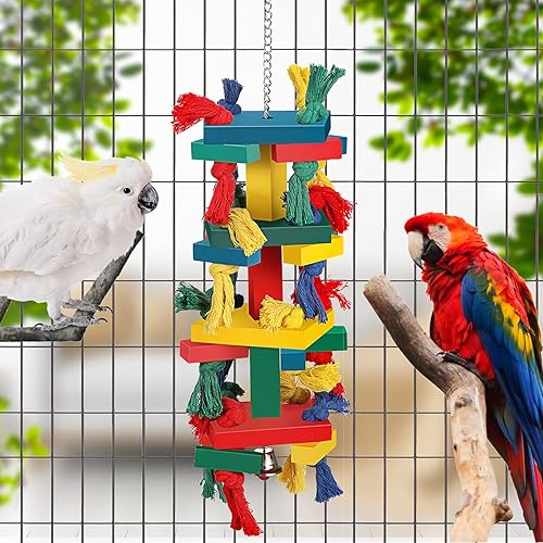 Miniatura 4 de Skylety Juguetes para pájaros, loro para pájaros grandes, loro, pájaro, juguete para masticar con campanas colgantes, bloques de loro, nudos,