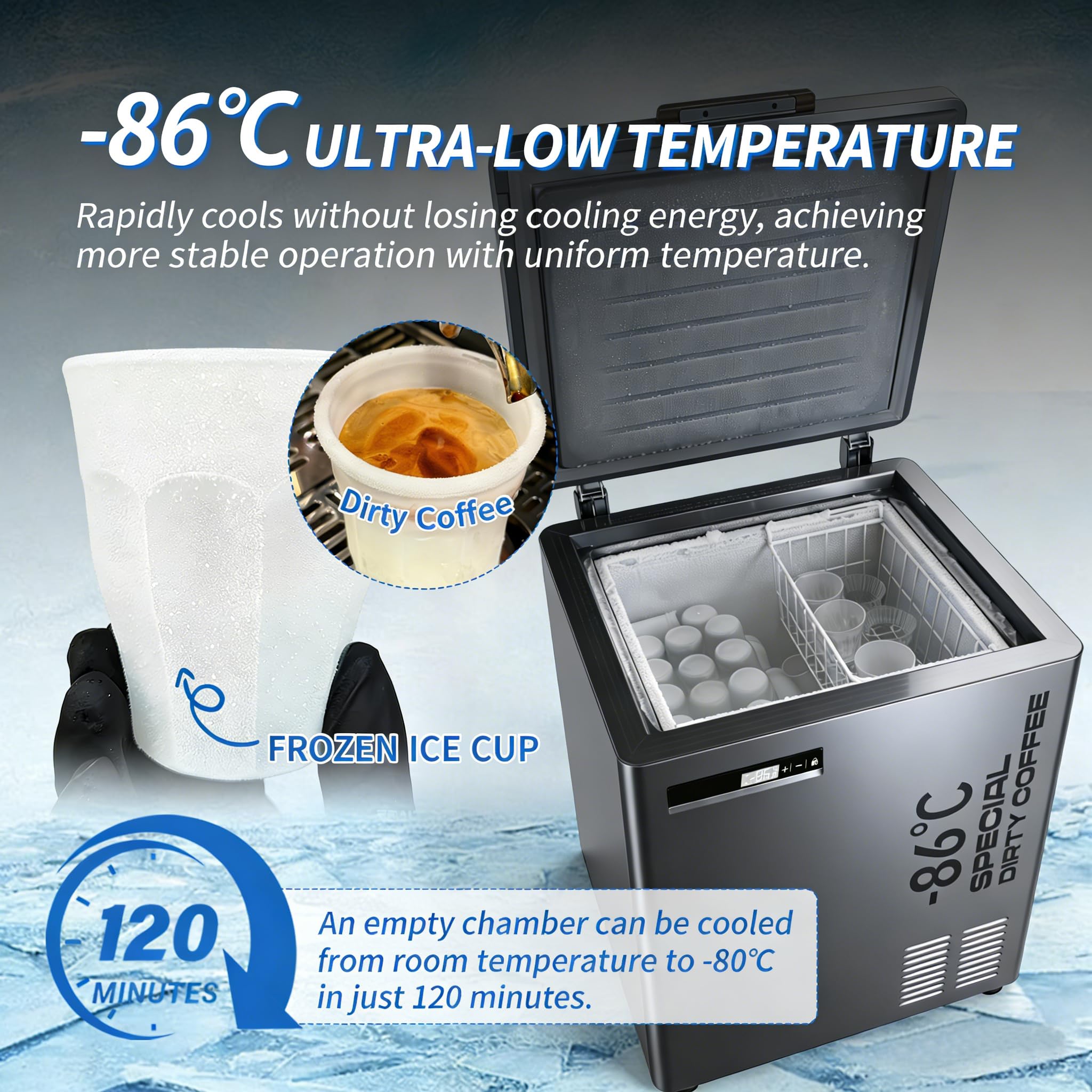 Congelador de taza de hielo de 102 L, congelador comercial de temperatura ultrabaja, -40 ℃ ~ -86 ℃