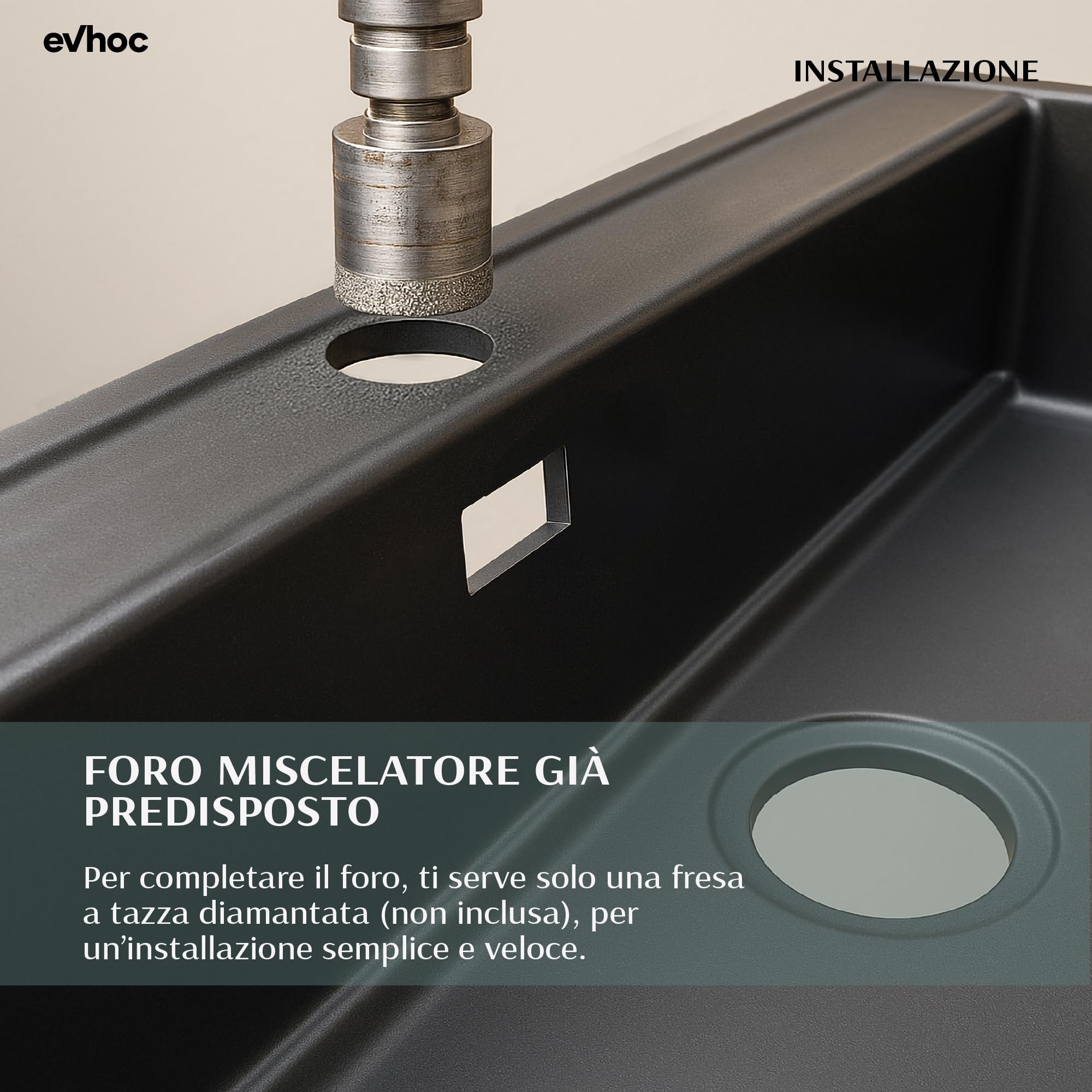 EVHOC Lavello Cucina Sopratop 1 Vasca 86x50 cm, Nero, NHEO XXL