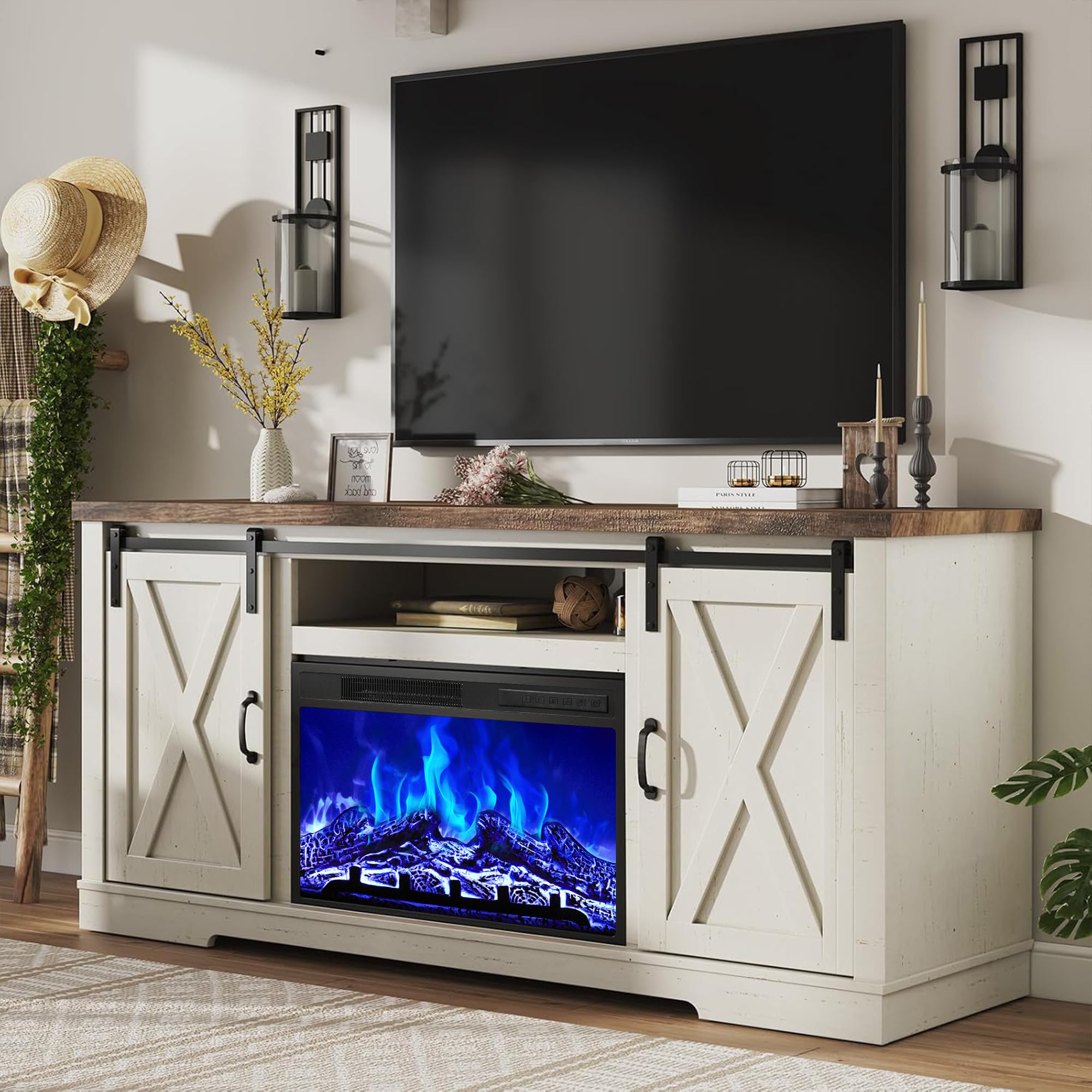 AMERLIFE 63' Fireplace TV Stand with Sliding Barn Door