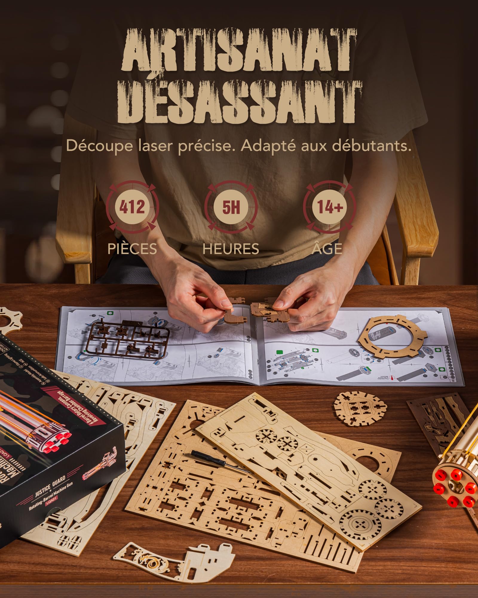 ROKR Puzzle 3D en Bois Maquette en Bois a Construire Jouets avec élastiques, Kits de Modèles Cadeaux pour Adultes, Kits de modèles à Canon Rotatif 412 pièces, LQA01