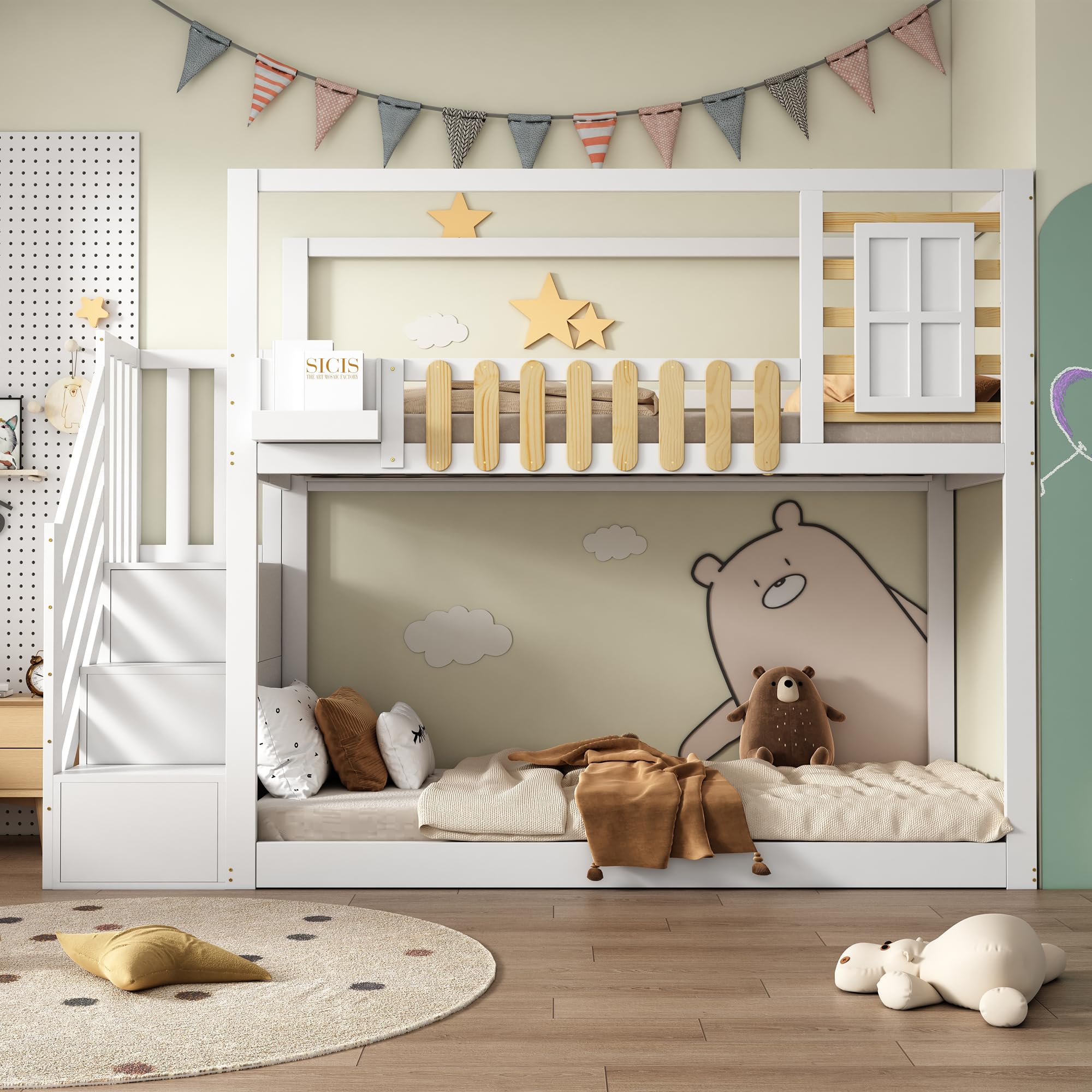Aoskem Kinderbett Etagenbett 90x200 cm für 2 Kinder, Hochbett Hausbett mit Treppe Stauraum, Holzbett mit Fenster & Gitter, Bettgestell Kinderbett mit Rausfallschutz & Lattenrost, Ohne Matratze, Weiß