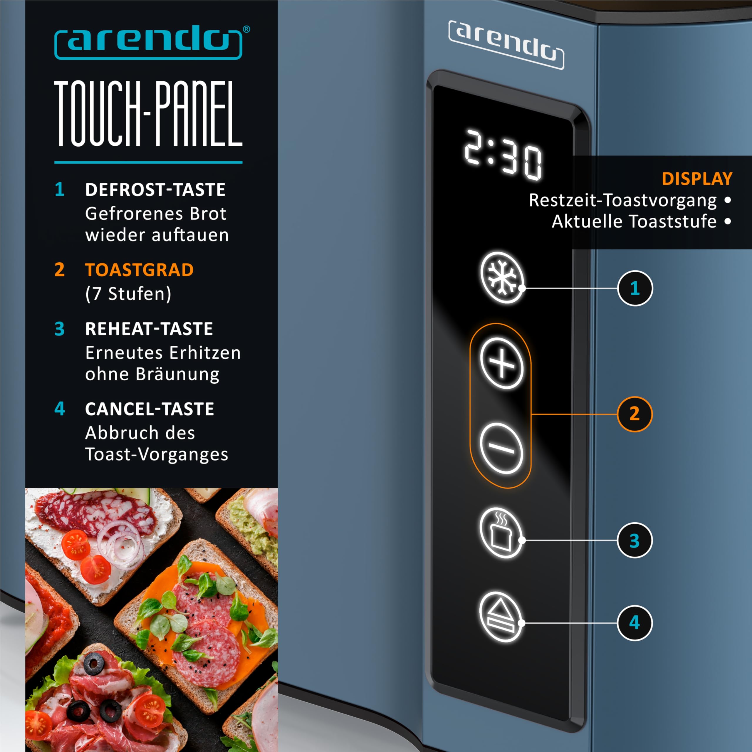 Arendo - Touch Toaster 2 Scheiben Edelstahl - Touchpanel - digital Display Restzeitanzeige - 800 W – Doppelwandgehäuse – mit Brötchenaufsatz – 7 Bräunungsgrade – Brotscheibenzentrierung - Blau