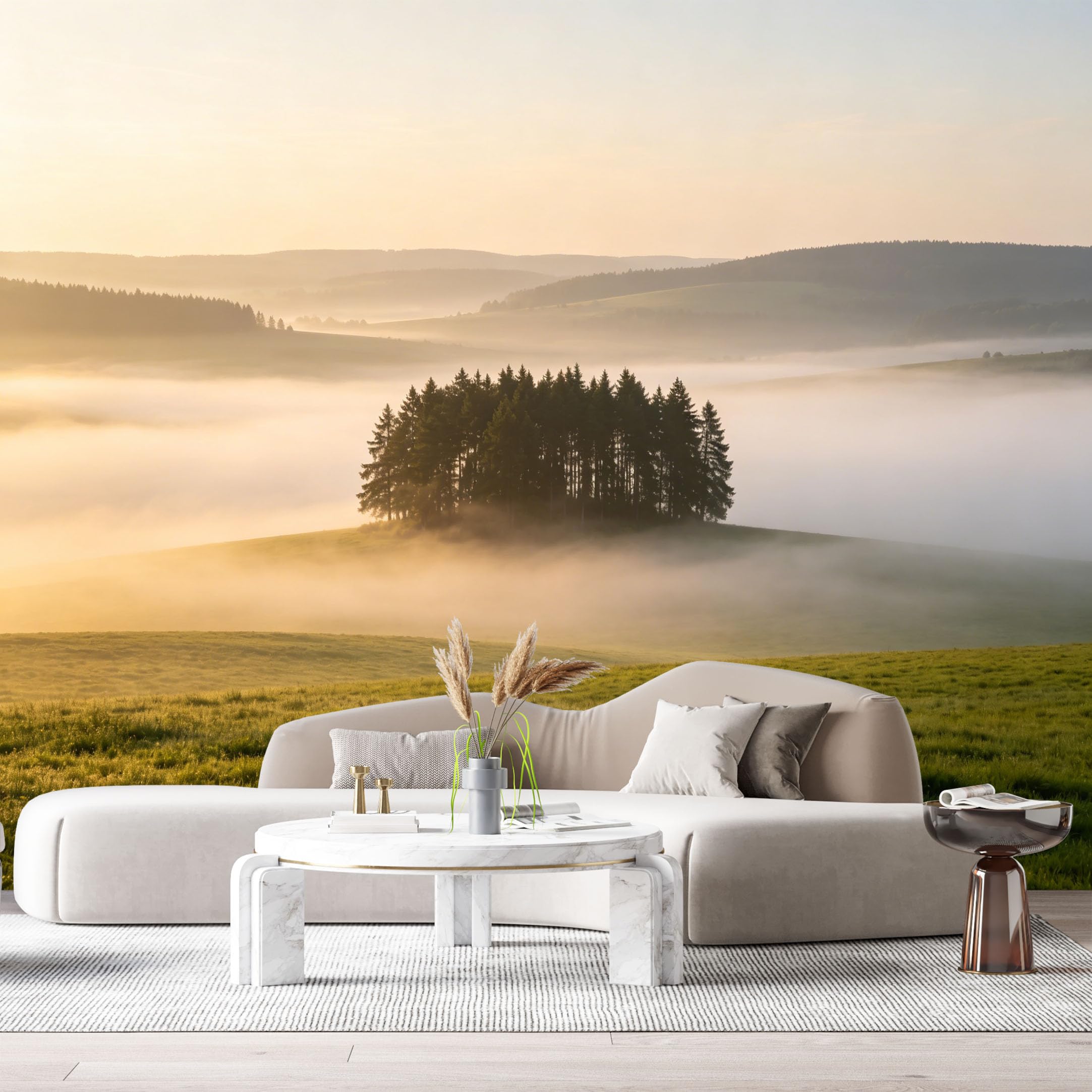 Custom Size Wall Murals Misty Valley Landscape Sunrise Forest Hills Oil Painting SelfAdhesive Wall Fabric Removable Large Wallpaper for Photo Living Room