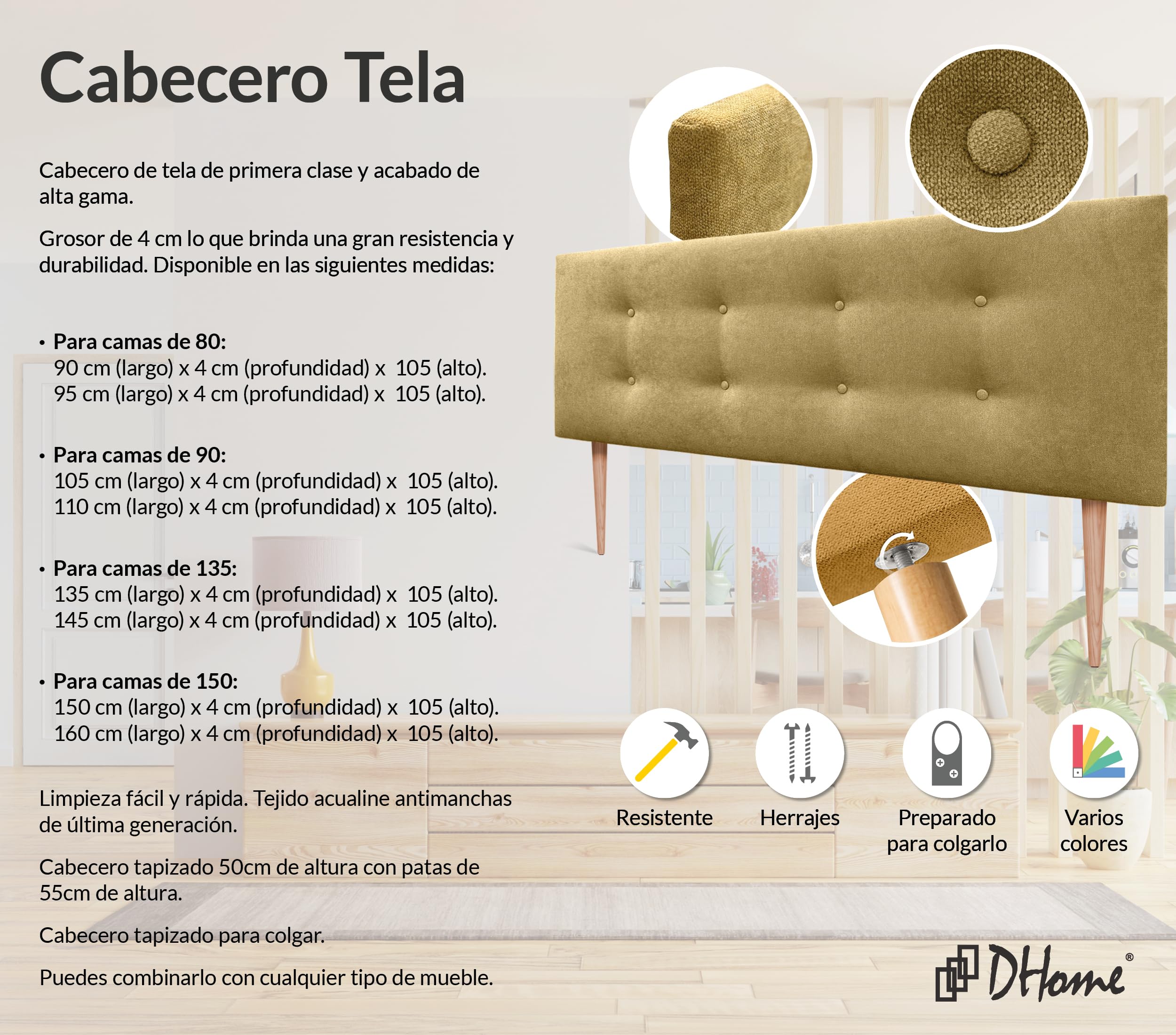 Testiera DHOME In Similpelle Bianco O Tessuto Aqualine Pro – Imbottita Con Bottoni E Gambe – Perfetta Per Letti 80/90/105 Cm - 3
