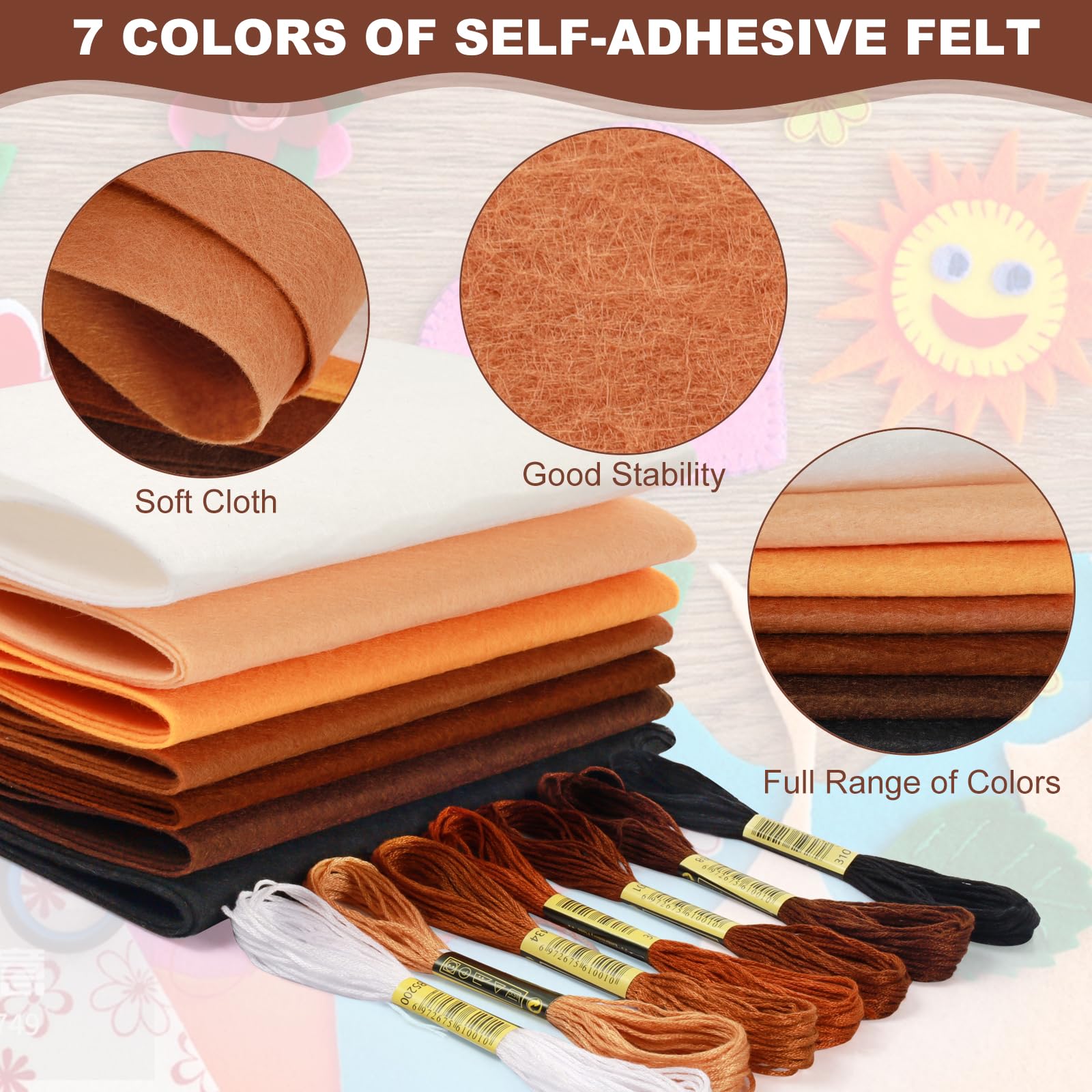 7 Láminas De Fieltro De 20x90 Cm – Tela Suave Para Manualidades, Patchwork Y Costura – Set Con Hilos De Bordado A Juego (Serie Marrón)