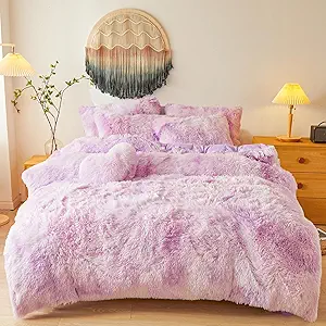 Shaggy Fluffy Tie Dye Lilac Comforter Cover Twin Set – Faux Fur Shaggy Tie Dye Lilac Bedding 2-Piece Set (1 Plush Duvet Cover + 1 Furry Pillow Sham) Cozy Bed Set