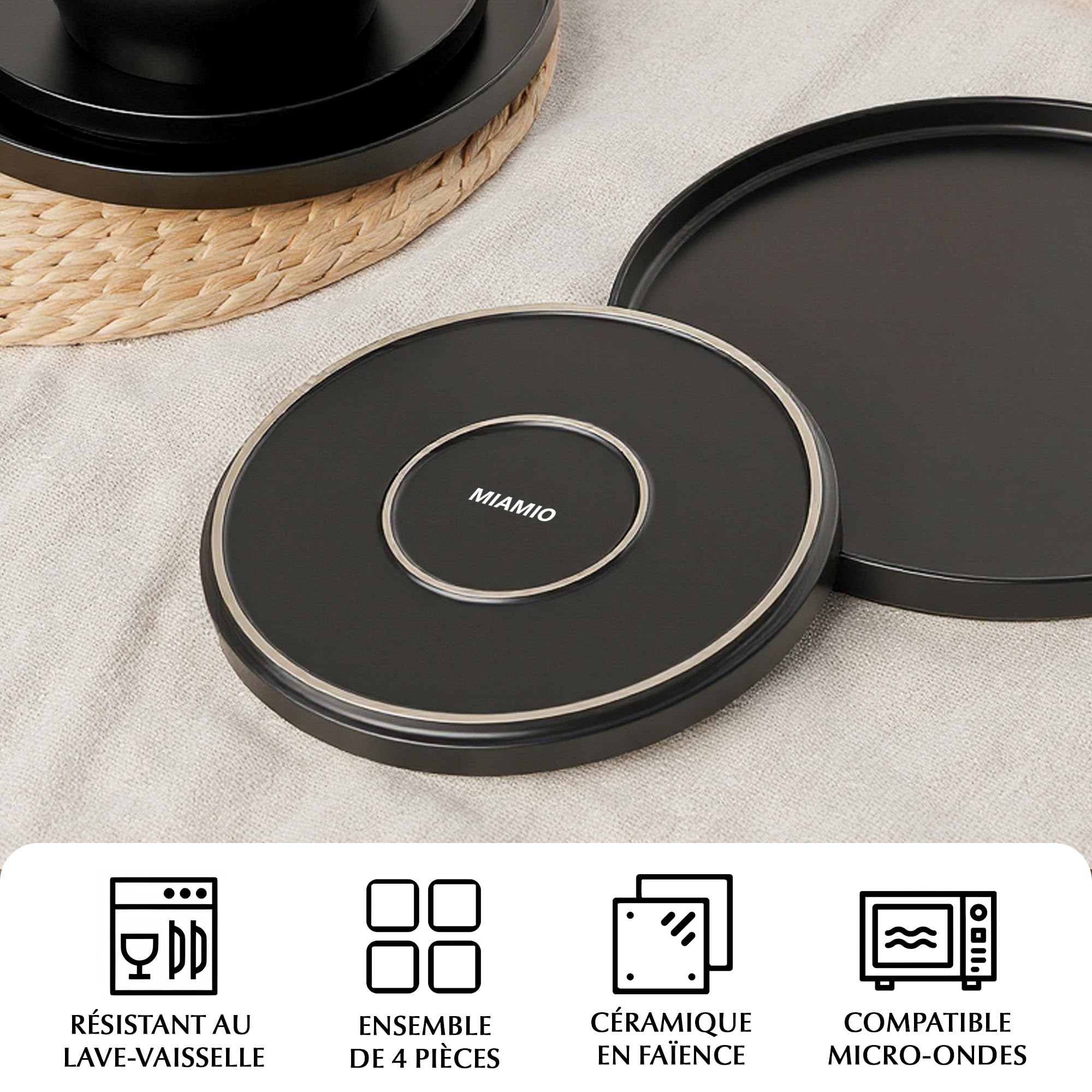 MIAMIO – Ensemble d'assiettes plates en céramique pour 4 personnes/Vaisselle en céramique 4 pièces, assiettes modernes en grès – Collection Luxe (Noir, Grande assiette (4x))